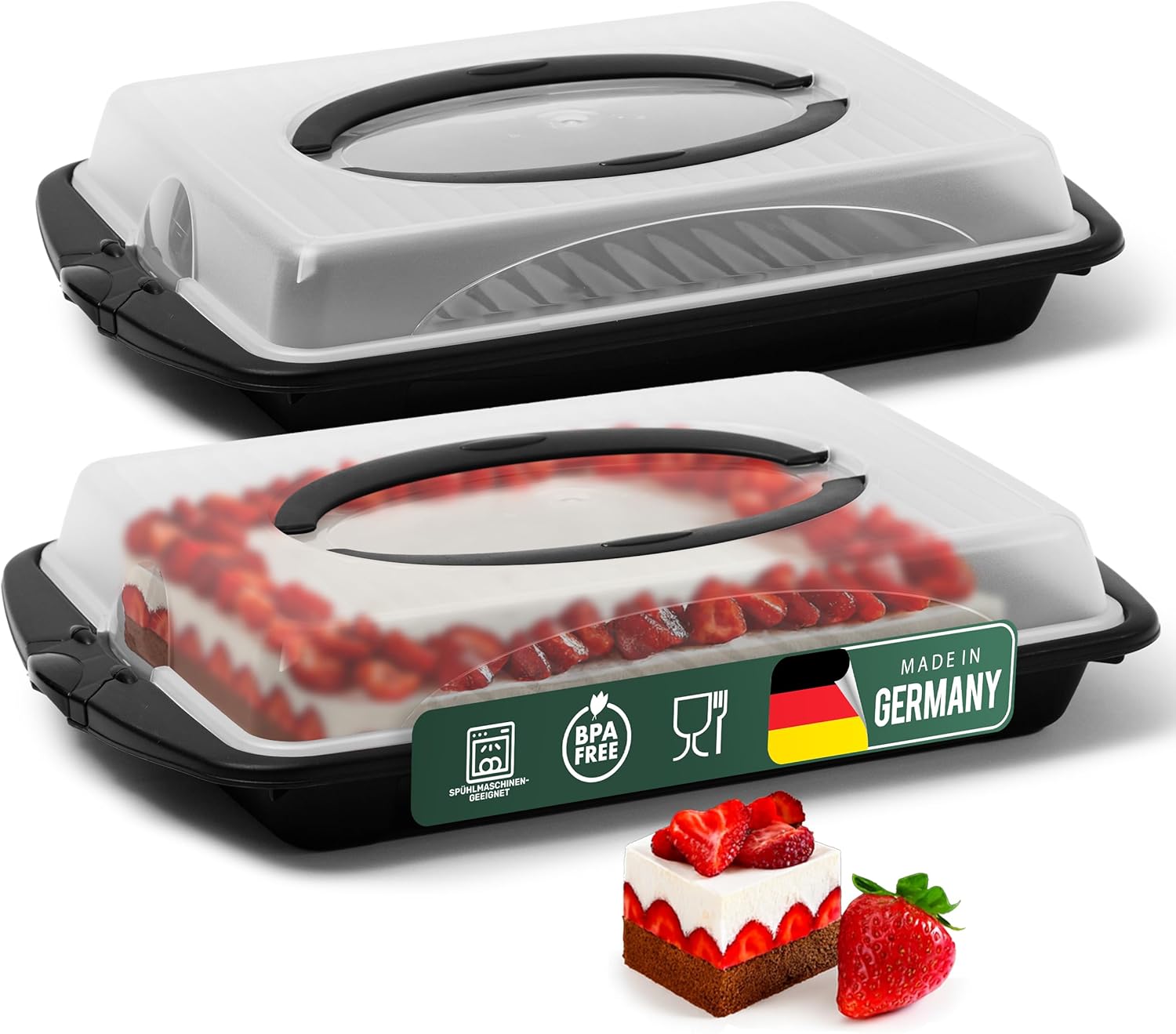 Novaliv 2x Kuchen-Transportbox (Rechteckig 45 x 30 x 9 cm), Aufbewahrungsbox mit Deckel, Party-Box Container Tortentransportbox Tortenbeh&auml;lter Tortenglocke, Kuchen Torten Muffins Desserts 