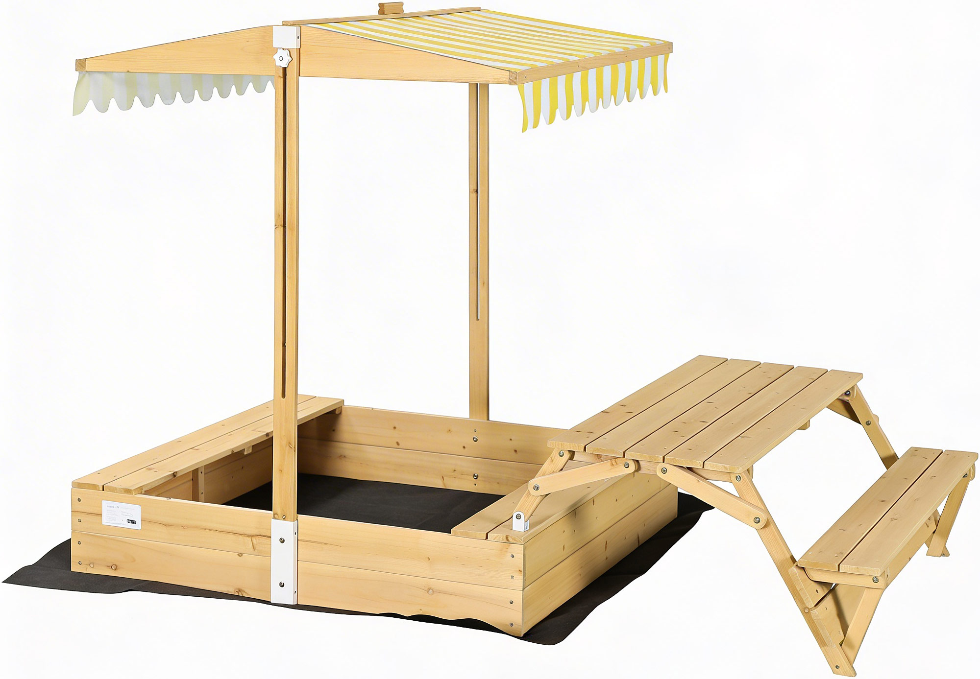 needs&wants&reg; Holz Sandkasten mit Picknicktisch und Dach, B&auml;nken & Abdeckung, Kinder Sandkiste mit klappbarem Deckel, UV-Sonnenschutz, Sandbox quadratisch f&uuml;r Garten Outdoor Spielplatz, 185x110 cm, gelb wei&szlig; braun 
