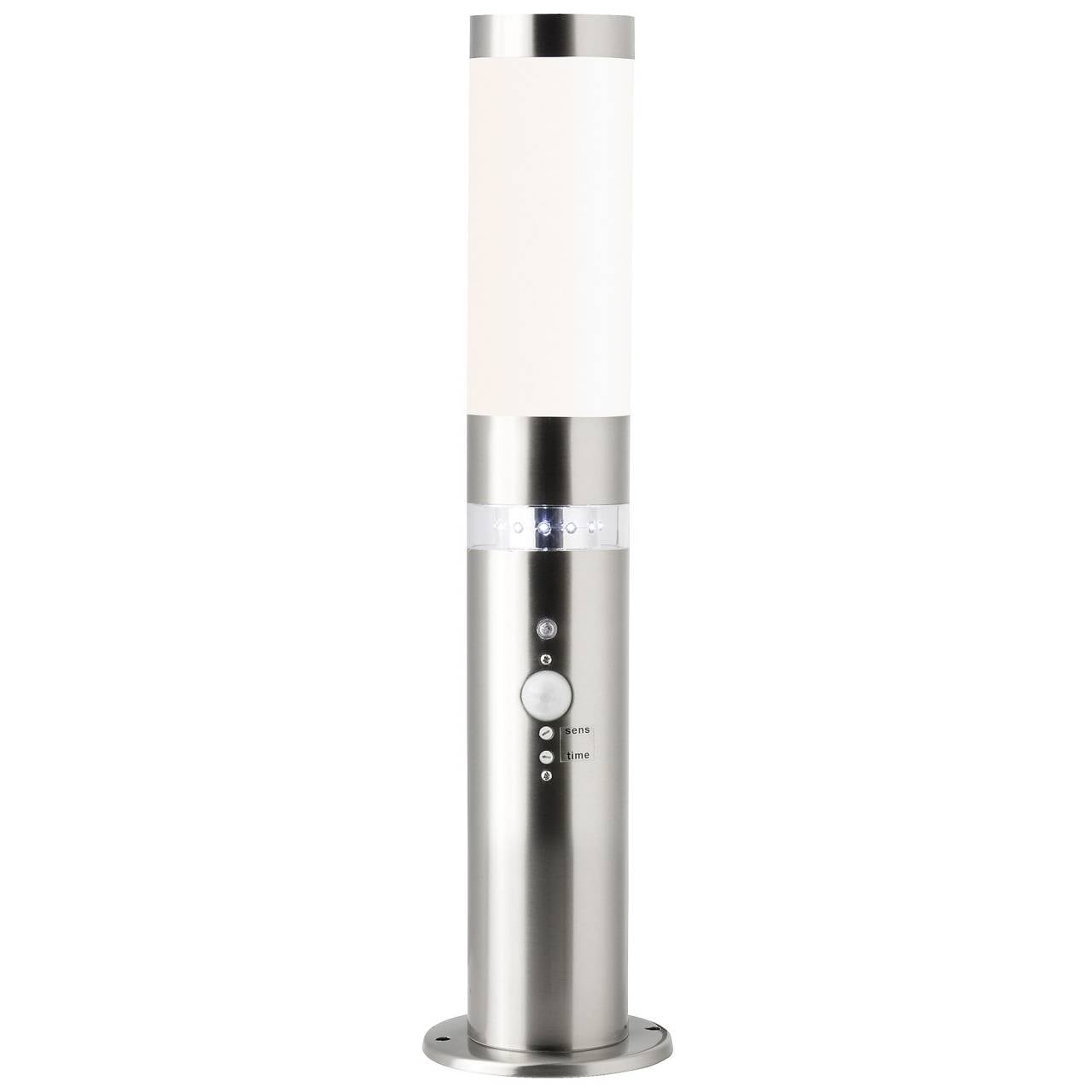 BRILLIANT Lampe Bole Au&szlig;ensockelleuchte Bewegungsmelder edelstahl | 1x A60, E27, 60W, geeignet f&uuml;r Normallampen (nicht enthalten) | IP-Schutzart: 44 - spritzwassergesch&uuml;tzt 