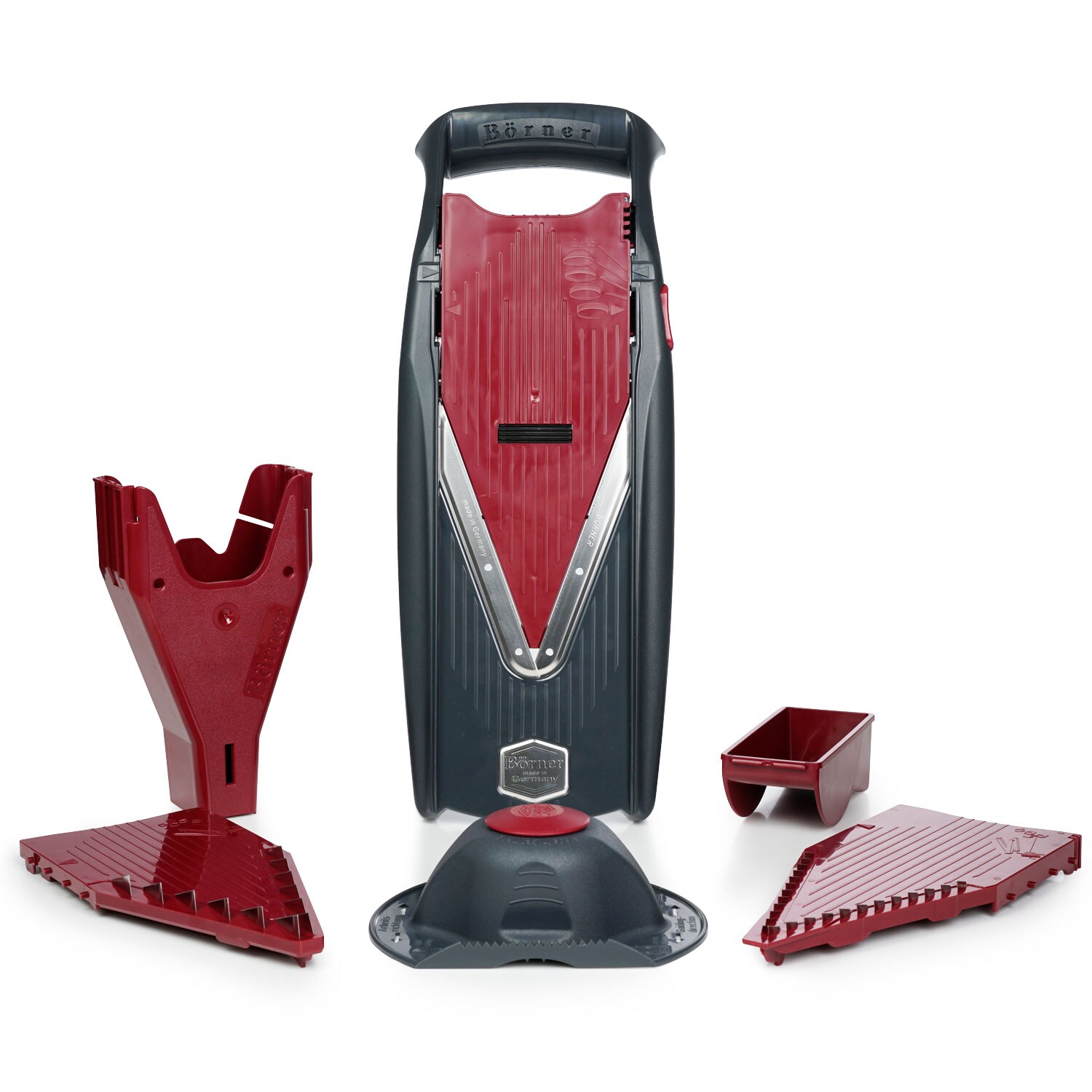 B&ouml;rner Vital Gem&uuml;sehobel Starter Set Rot/Schwarz, mit Dressing Funktion, inkl. Mandoline, Fruchthalter, Dressing, 2x Messereinschub, Schieberbox 