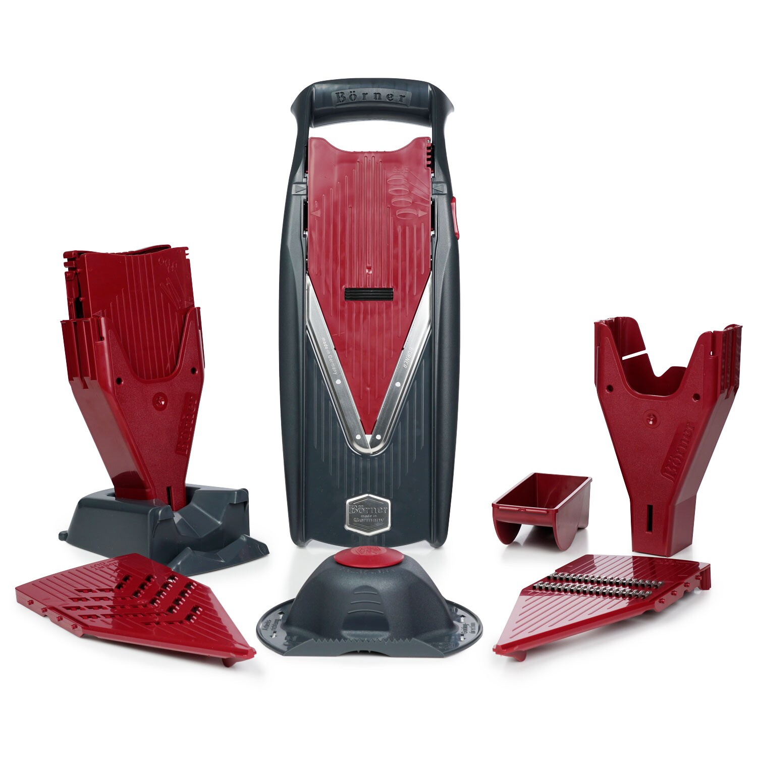 Vital Gemüsehobel Profi Set Rot/Schwarz, mit Dressing Funktion, inkl. Mandoline, Fruchthalter, Marinierrolle, 2x Messereinschub, Schieberbox, Dockingstation