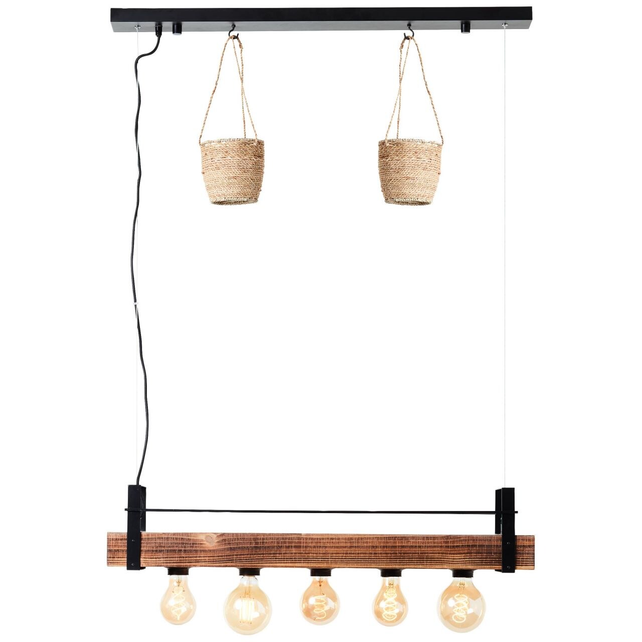 BRILLIANT Lampe, Bankwood Pendelleuchte 5flg schwarz/holzfarbend, 5x A60, E27, 28W, Holz aus nachhaltiger Waldwirtschaft (FSC) 