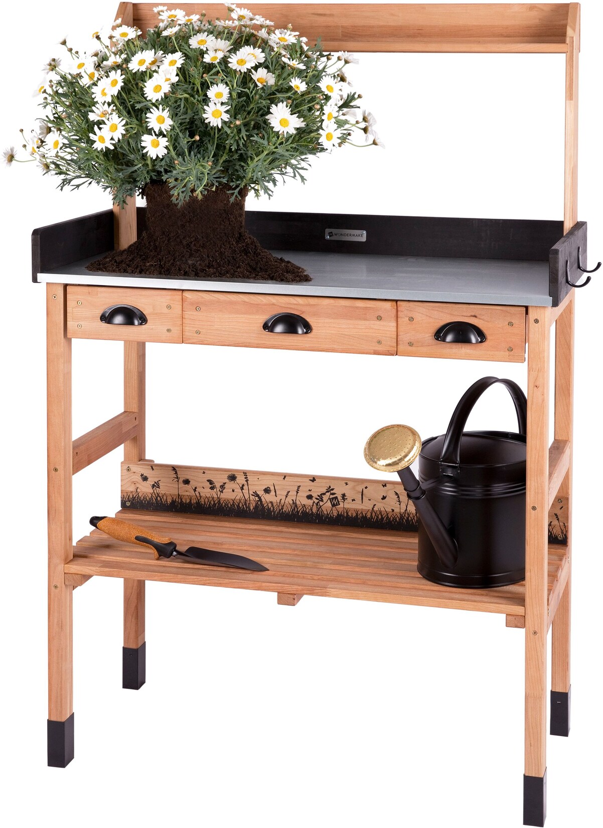 WONDERMAKE® Premium Pflanztisch aus Kirschbaum Holz mit Schubladen wetterfest, Garten-Arbeitstisch XL Outdoor draußen Balkon hochwertig, Gärtnertisch, dunkel-braun schwarz