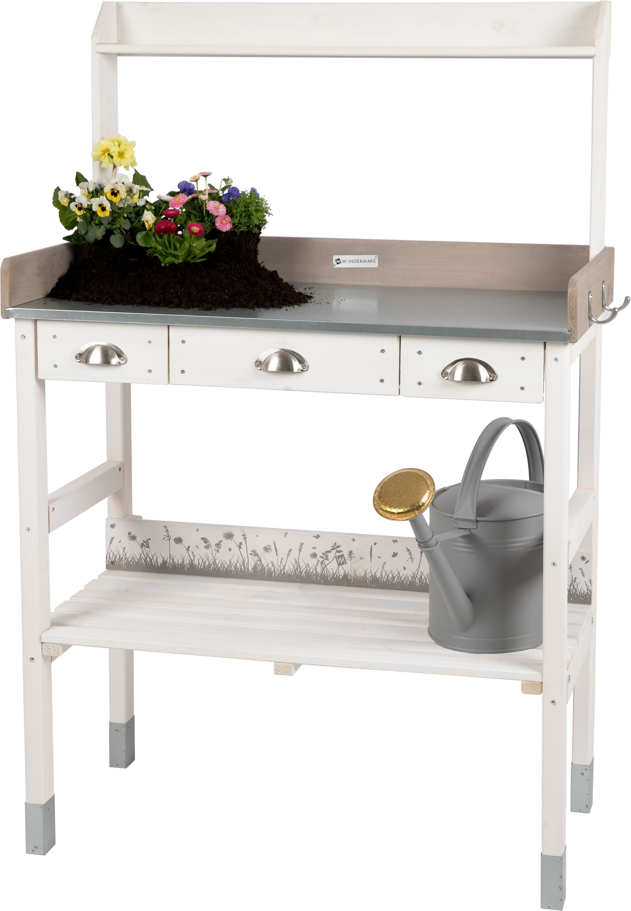 WONDERMAKE&reg; Gro&szlig;er Pflanztisch wei&szlig; mit 3 Schubladen aus Holz wetterfest, Garten-Arbeitstisch XL f&uuml;r Outdoor drau&szlig;en Balkon hochwertig, G&auml;rtnertisch, 85 x 45 x 130 cm, wei&szlig; grau 