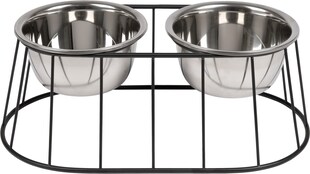 WONDERMAKE® Design Hundenapf erhöht für mittelgroße / große Hunde mit Ständer, Futternapf Hund Futterstation rutschfest aus Edelstahl, Fressnapf 2er Set 2 Näpfe doppelt, 47x26,5x17 cm, silber schwarz 