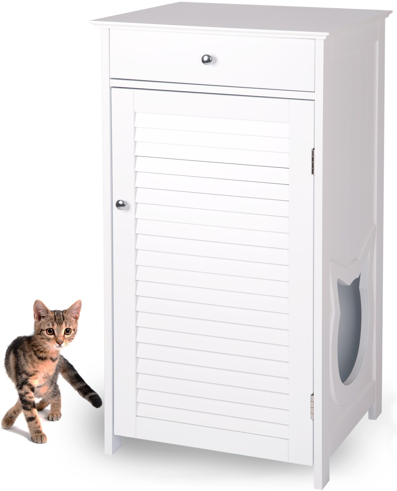 WONDERMAKE Katzenschrank für Katzentoilette groß hoch aus Holz, Katzenklo-Schrank Kommode mit Schublade und Tür geschlossen, Design Katzen-Haus Toilette Klo XL, 51 x 46 x 96 cm, weiß