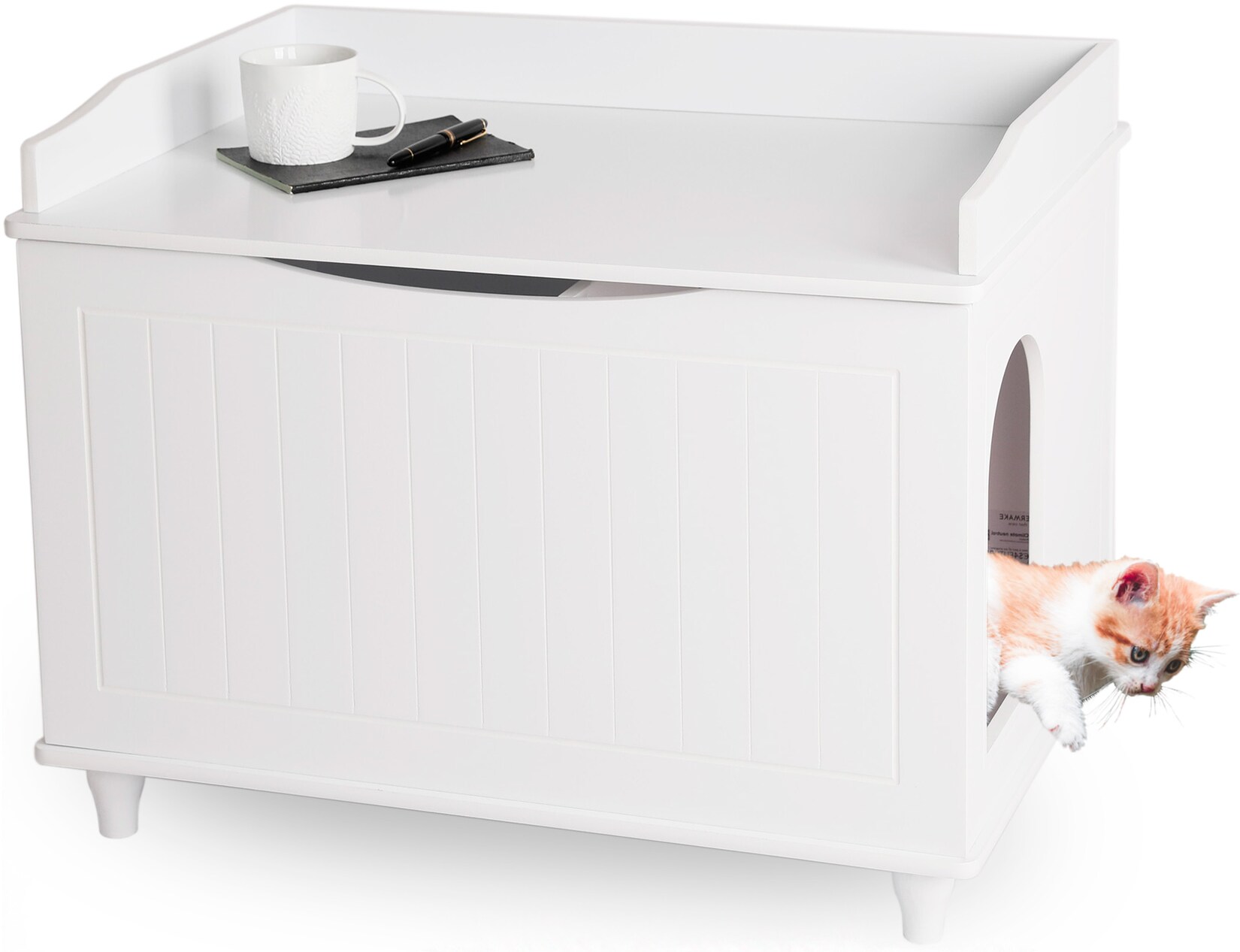 WONDERMAKE Katzenschrank für Katzentoilette groß aus Holz, Katzenklo-Schrank Kommode XL, Design Katzen-Haus Toilette Klo Waschbecken-Unterschrank für Bad, 73,5 x 51,5 x 57 cm, weiß