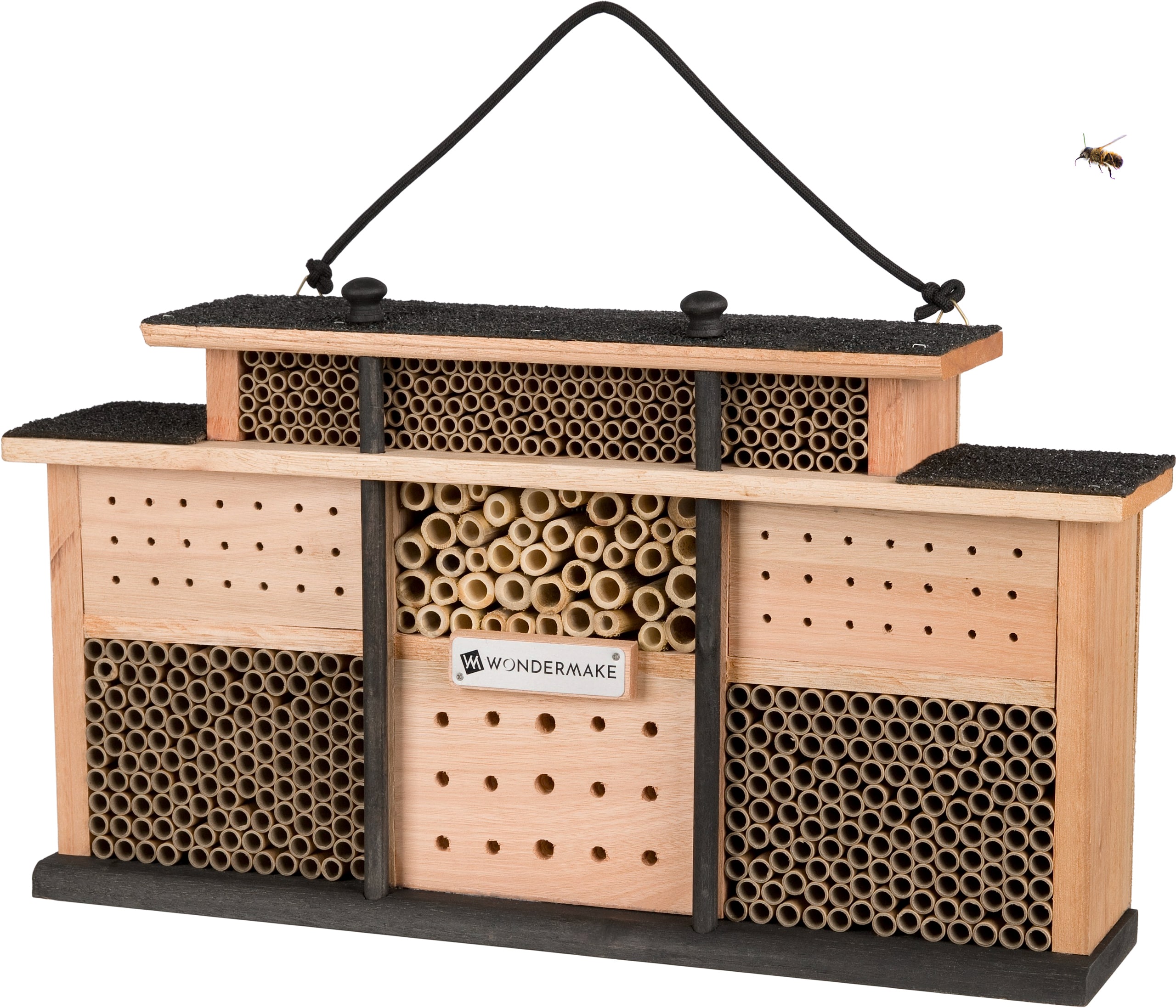 WONDERMAKE&reg; Design Insektenhotel aus Eukalyptus-Holz mit 7 Zimmern und Terrasse, Bienenhotel gro&szlig; h&auml;ngend Nisthilfe f&uuml;r Wildbienen, 48 x 10,5 x 27 cm, braun schwarz 