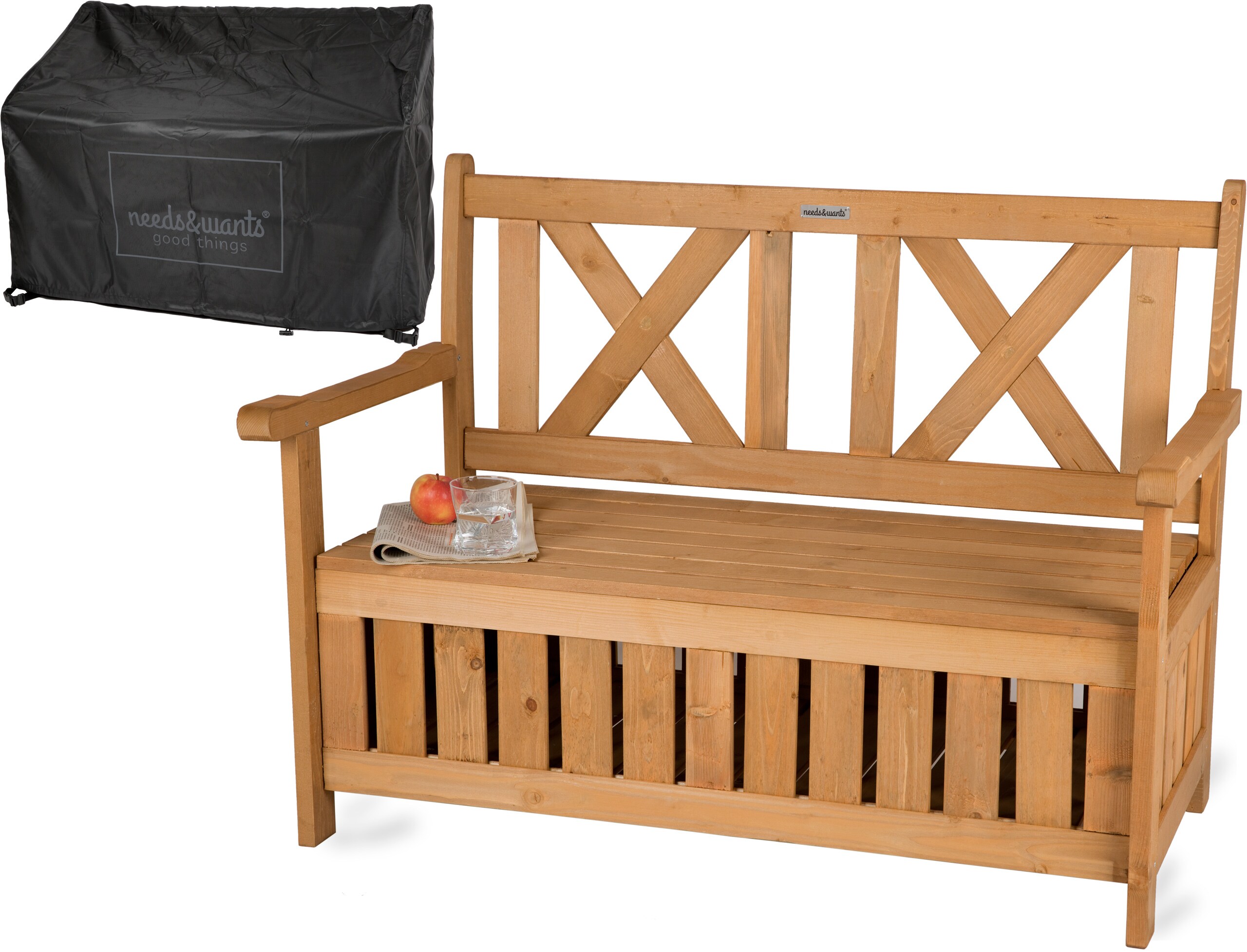 needs&wants&reg; Gartenbank Holz wetterfest mit Stauraum und Abdeckung, 2-Sitzer Truhenbank Holzbank klassisch, Parkbank Sitzbank massiv Garten Outdoor mit Truhe, Naturholz Massivholz, dunkel-braun 