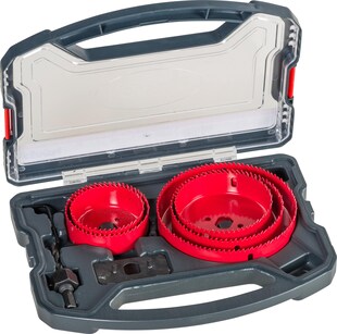 kwb Lochsäge-Set, 8-teilig, Durchmesser-Größe von 67 mm bis 127 mm inkl. HSS Zentrierbohrer im praktisch stabilem Kunststoffkoffer 
