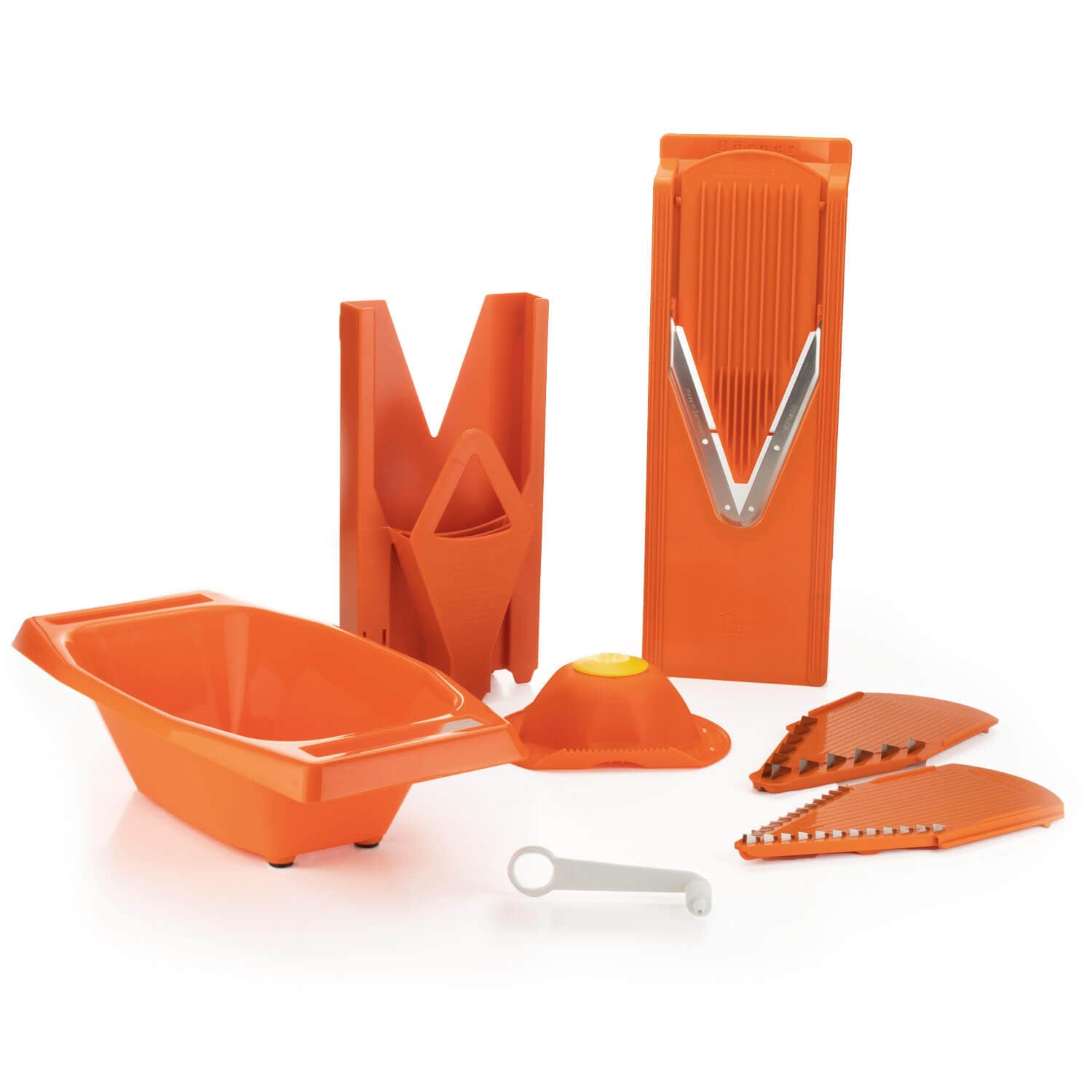B&ouml;rner Mandoline V3 Spezial | 7-teiliges Set | 5 Schnittst&auml;rken | Als Pommes-Schneider geeignet | BPA-frei und rostfrei | Orange 