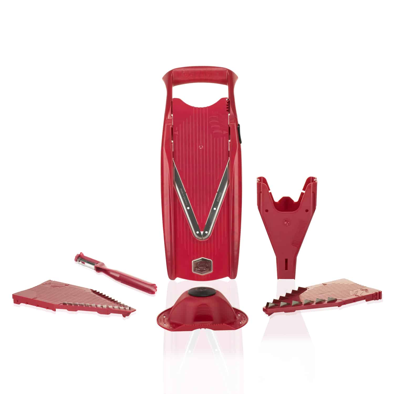 B&ouml;rner V5 PowerLine Plus Set Gem&uuml;sehobel, Obst- & Gem&uuml;seschneider mit Fruchthalter, Scheibeneinschub, Sparsch&auml;ler, 10 Schnittarten, 6 tlg. Set, Rot 