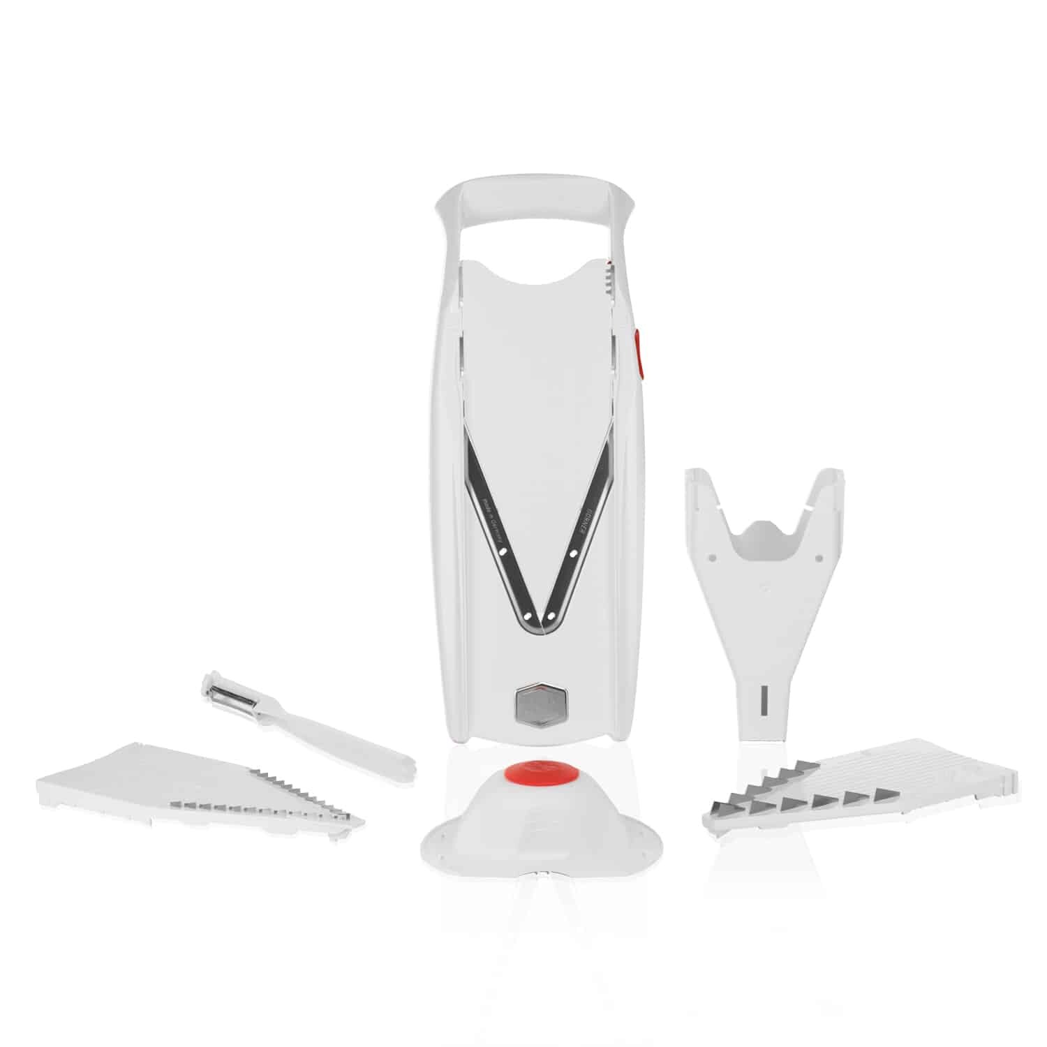 V5 PowerLine Plus Set Gemüsehobel, Obst- & Gemüseschneider mit Fruchthalter, Scheibeneinschub, Sparschäler, 10 Schnittarten, 6 tlg. Set, Weiß