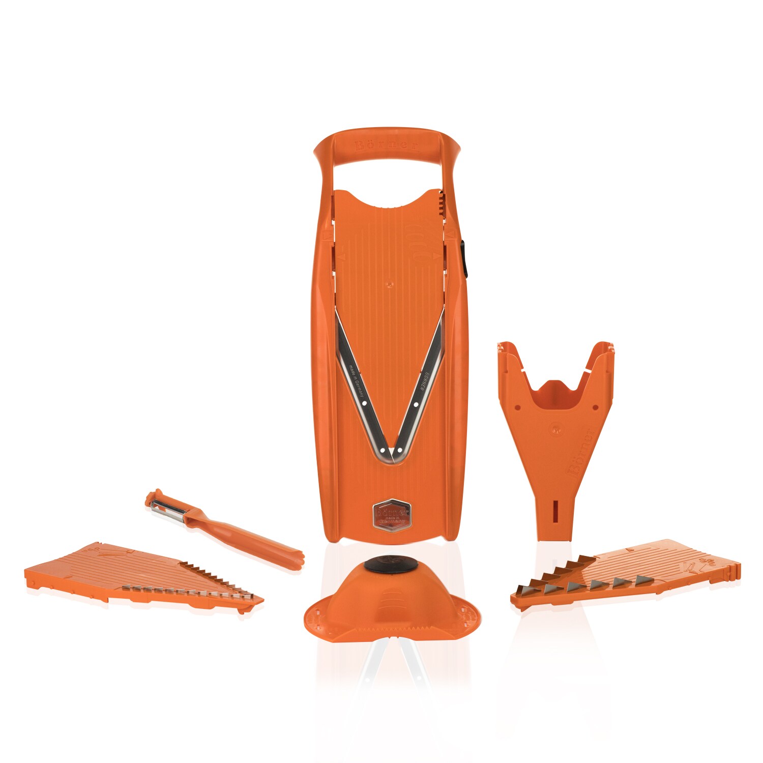 B&ouml;rner V5 PowerLine Plus Set Gem&uuml;sehobel, Obst- & Gem&uuml;seschneider mit Fruchthalter, Scheibeneinschub, Sparsch&auml;ler, 10 Schnittarten, 6 tlg. Set, Orange 
