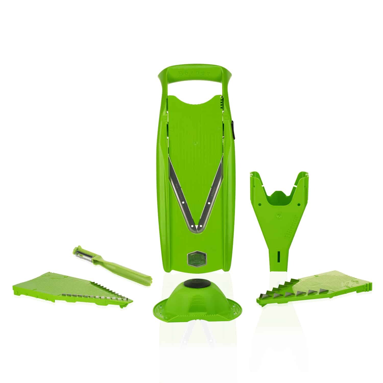 V5 PowerLine Plus Set Gemüsehobel, Obst- & Gemüseschneider mit Fruchthalter, Scheibeneinschub, Sparschäler, 10 Schnittarten, 6 tlg. Set, Grün