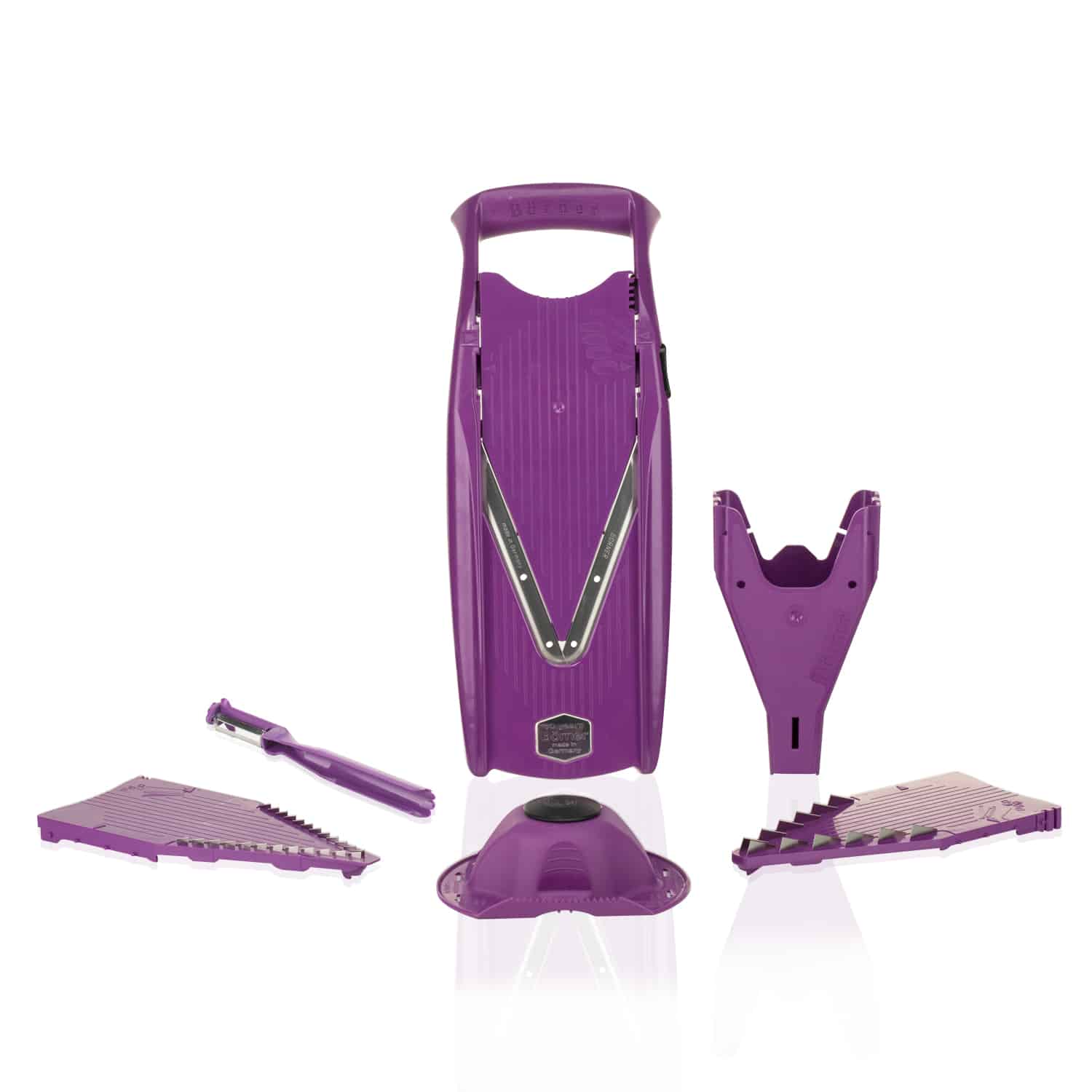 B&ouml;rner V5 PowerLine Plus Set Gem&uuml;sehobel, Obst- & Gem&uuml;seschneider mit Fruchthalter, Scheibeneinschub, Sparsch&auml;ler, 10 Schnittarten, 6 tlg. Set, Violett 