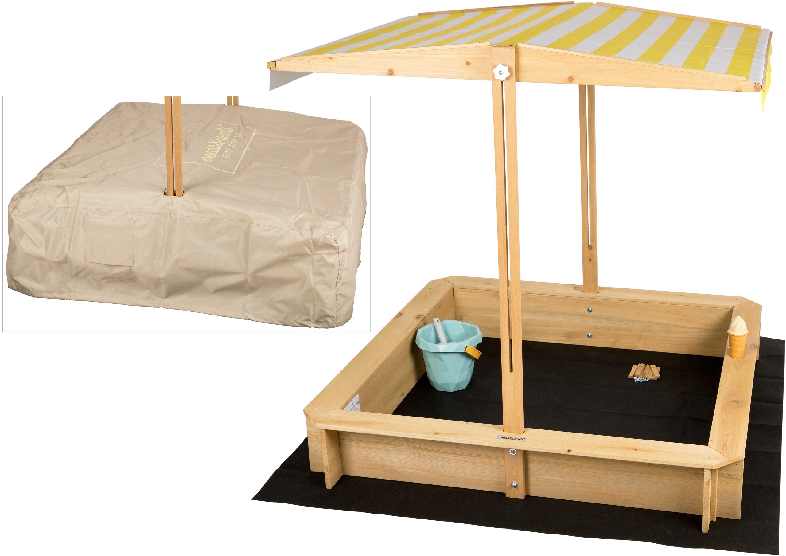 needs&wants&reg; Sandkasten mit Dach Sitzbank und Boden Vlies-Folie, mit Abdeckung Oxford 600D, Sandkiste Holz rechteckig mit B&auml;nken Outdoor Garten Kinder UV-Sonnenschutz, 113x113x113 cm, gelb wei&szlig; braun 