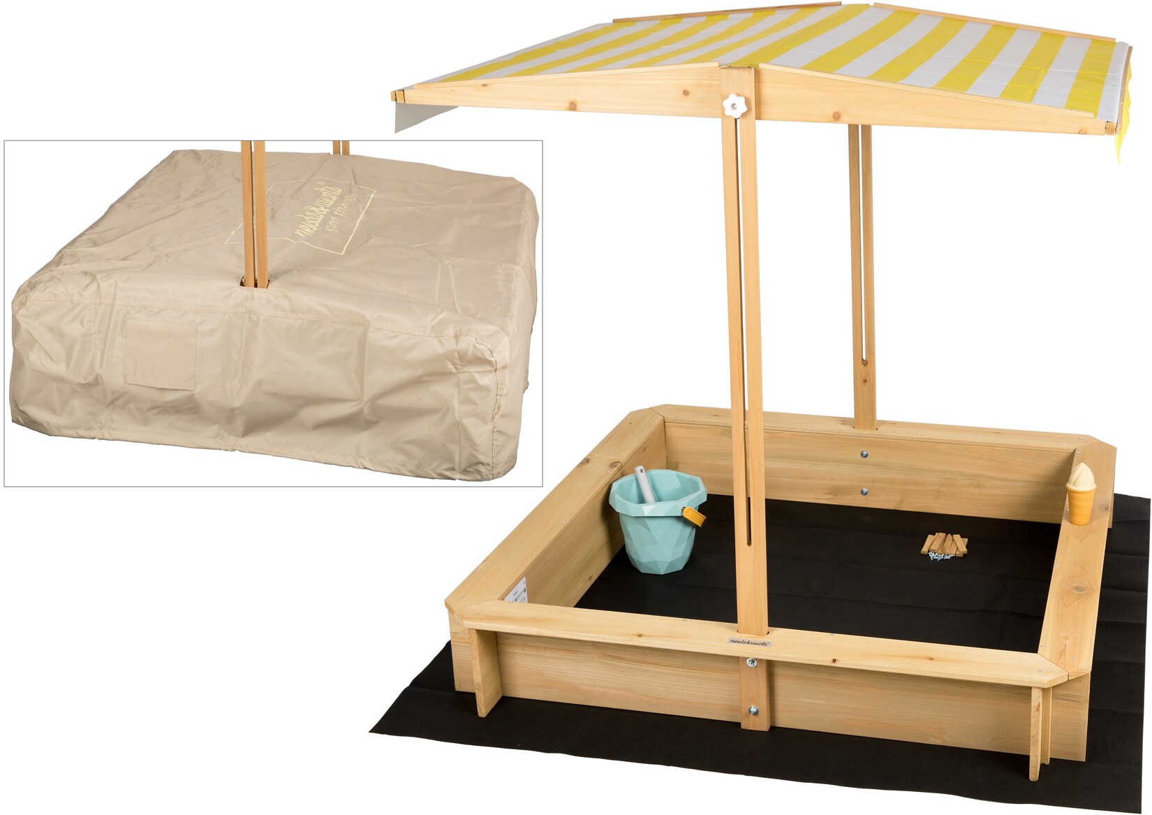 Sandkasten mit Dach Sitzbank und Boden Vlies-Folie, mit Abdeckung Oxford 600D, Sandkiste Holz rechteckig mit Bänken Outdoor Garten Kinder UV-Sonnenschutz, 113x113x113 cm, gelb weiß braun