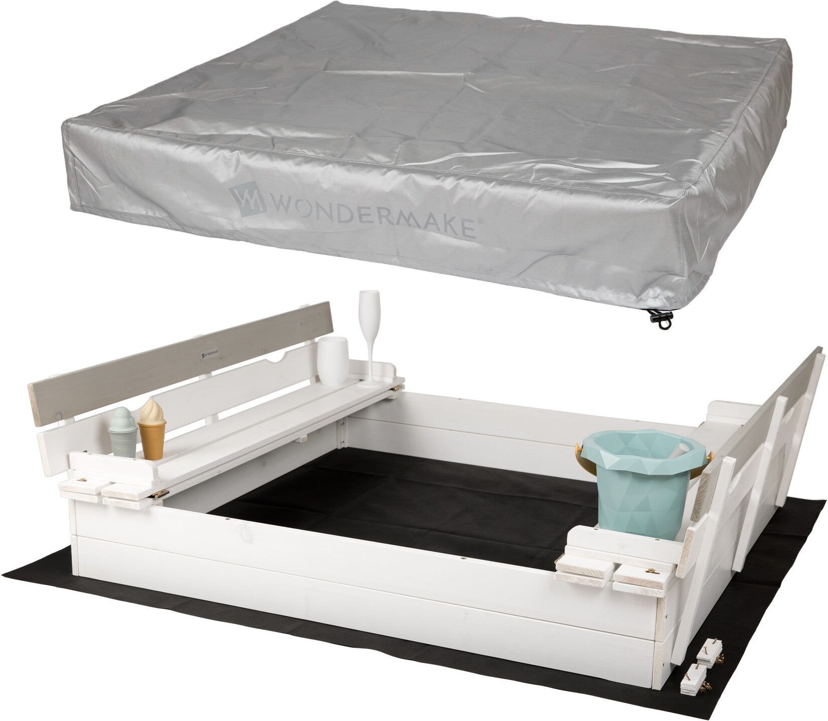 Design Sandkasten mit Abdeckung Deckel Sitzbank und Boden, Sandkiste Holz quadratisch verschließbar mit Bank Outdoor Garten für Kinder, 120x120 cm, Tanne, weiß grau silber