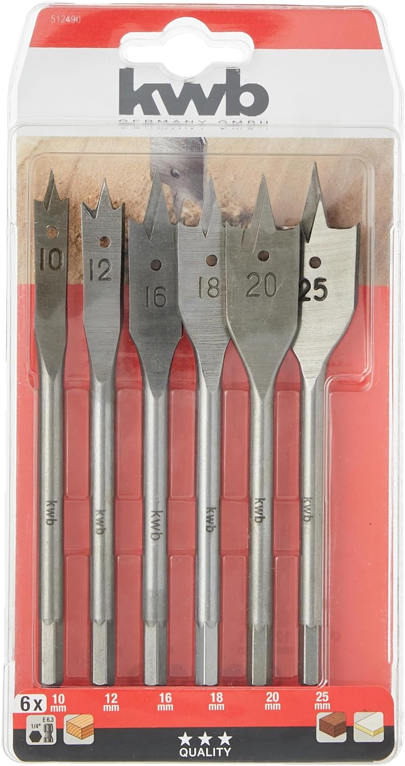kwb Flachfr&auml;s-Bohrer Set, 6-teiliger Flach-Bohrer Satz f&uuml;r Holz 10 -25 mm, zubeh&ouml;r Schlagbormaschine 