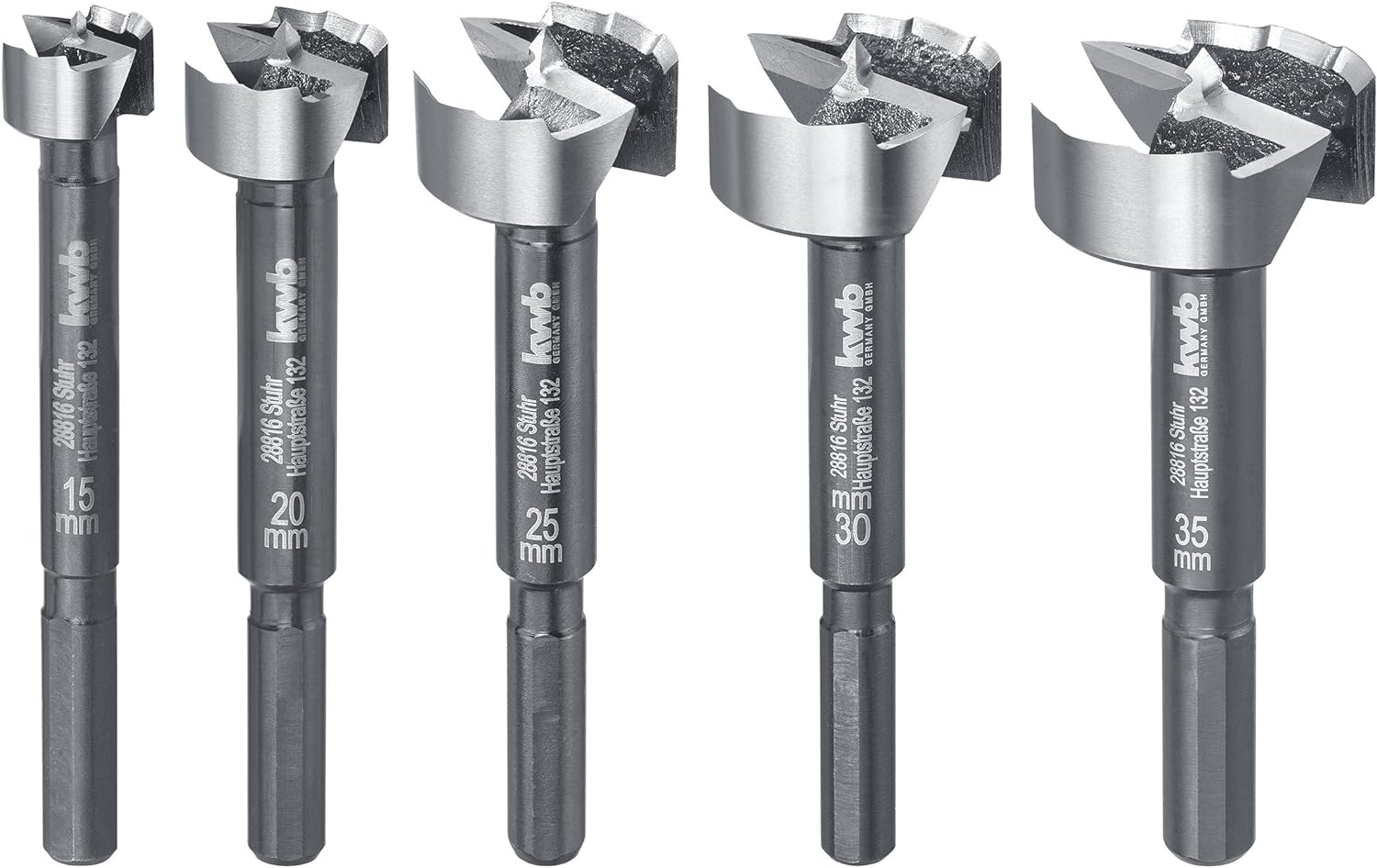 kwb Speed Forstnerbohrer-Set 15 20 25 30 und 35 mm, schnelles Bohren in allen H&ouml;lzern, Bohrer-Satz zur Holzbearbeitung, DIN 7483 G, mit 8 mm Schaft, insb. f&uuml;r Akku-Schrauber und Akku-Bohrschrauber 