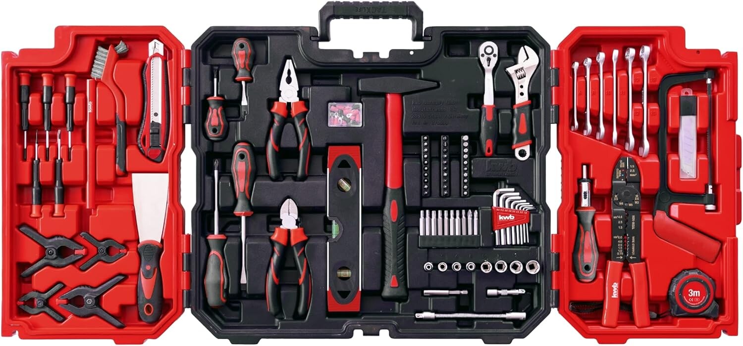 Werkzeugkoffer, 125-teilige Werkzeug-Set, stabiler Kunststoff-Koffer, mit Tragegriff zum Transportieren und Aufhängen, hochwertiger Werkzeugsatz, ideal für Werkstatt und Haushalt