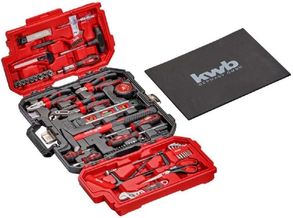 kwb Werkzeugkoffer, 70-teilige Werkzeug-Set, stabiler Kunststoff-Koffer, mit Tragegriff zum Transportieren und Aufh&auml;ngen, hochwertiger Werkzeugsatz, ideal f&uuml;r Werkstatt und Haushalt 