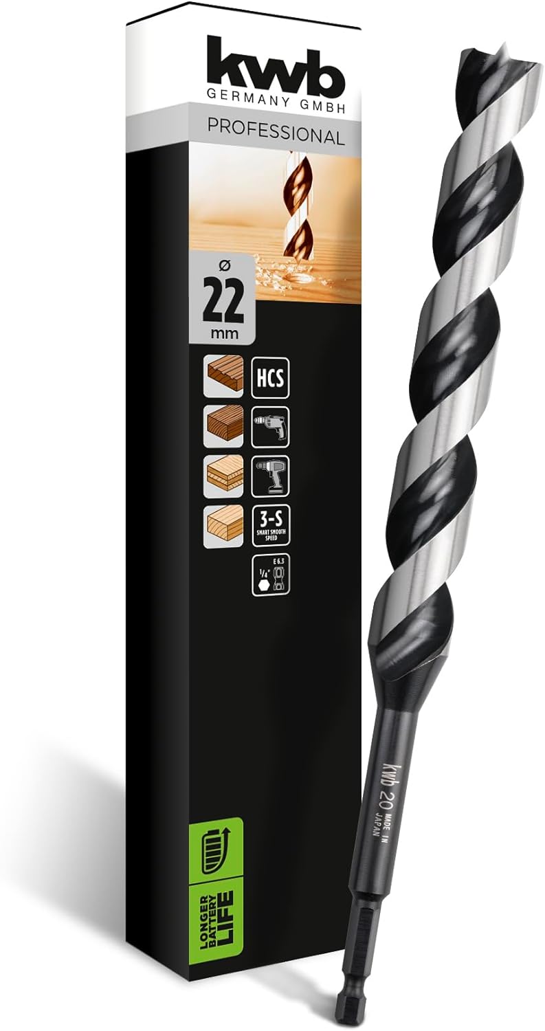 kwb 3-S Japan Schlangenbohrer &oslash; 22 mm, 235 mm aus blankgeschliffenem CV-Stahl mit superscharfem Spitzenanschliff, Zentrierspitze und E 6.3 Schaft 