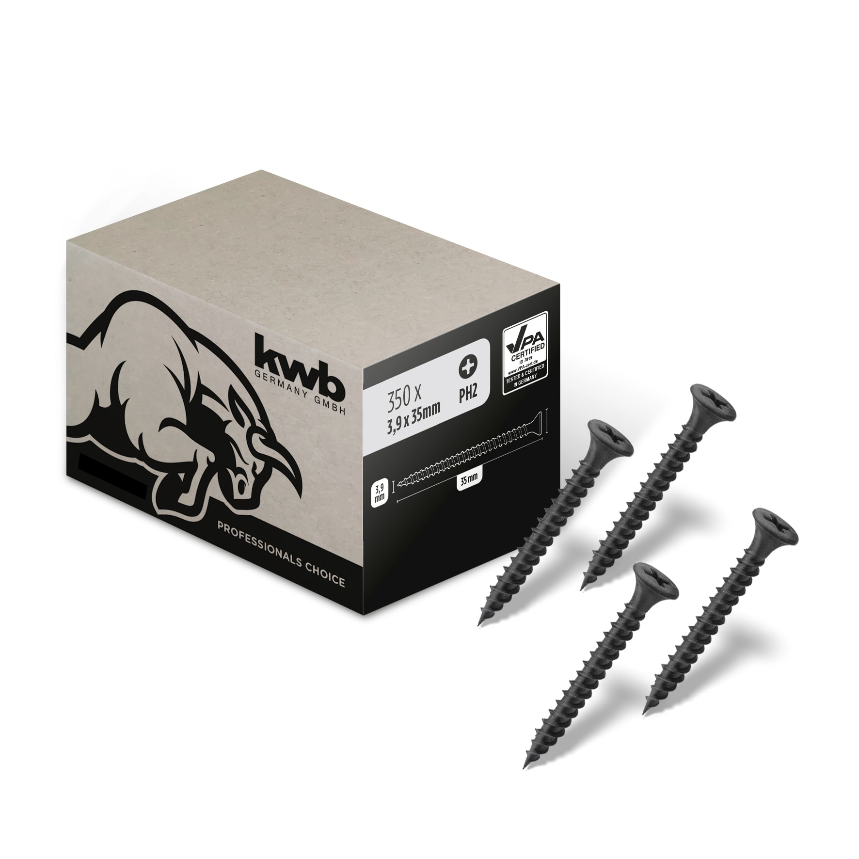 kwb Schnellbauschrauben, 350 St&uuml;ck, PH2, Trockenbauschrauben, Rigips Schrauben, Schwarz, Phosphatiert, Feingewinde, Kreuzschlitz 