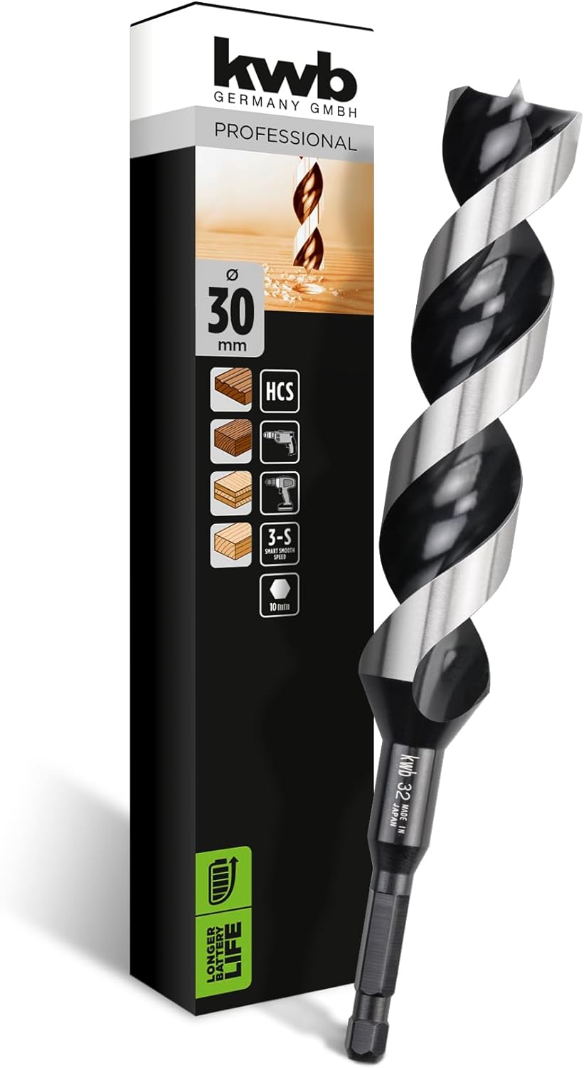 kwb 3-S Japan Schlangenbohrer &oslash; 30 mm, 235 mm aus blankgeschliffenem CV-Stahl mit superscharfem Spitzenanschliff, Zentrierspitze und E 6.3 Schaft 