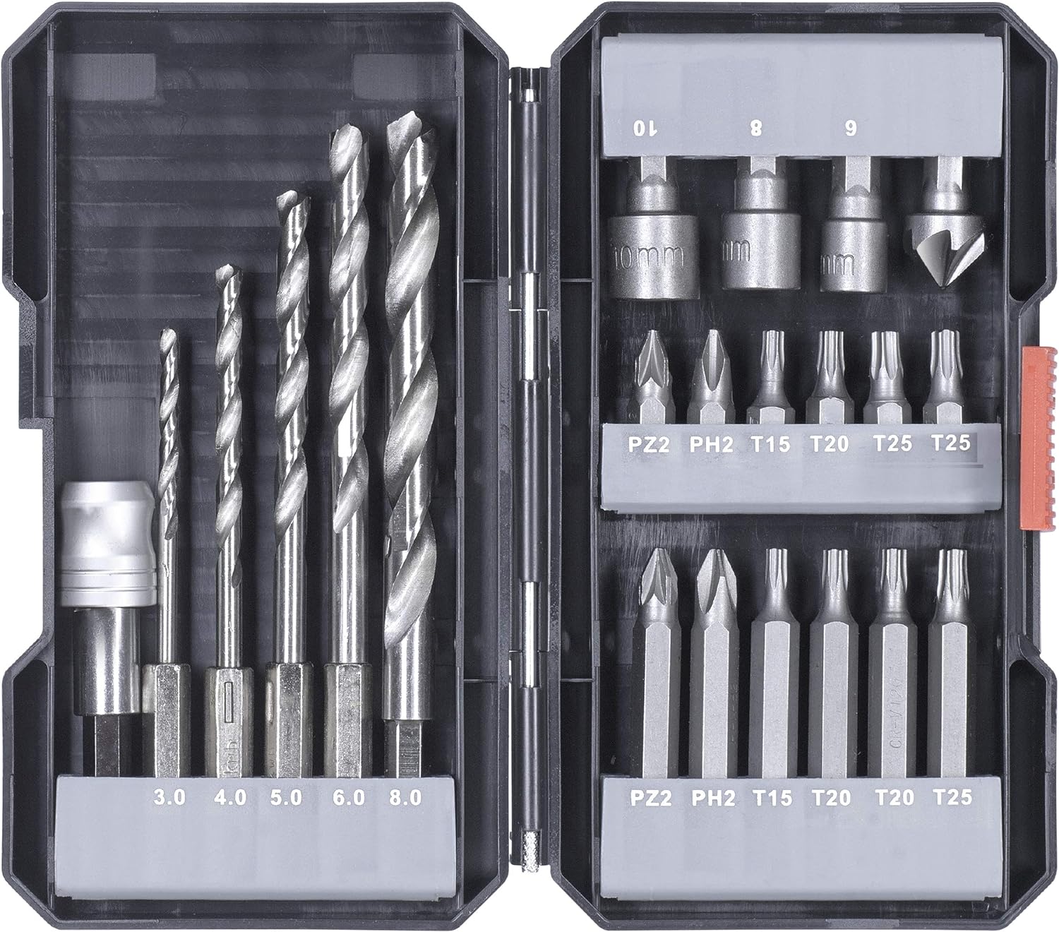 kwb 22-teilige Bit und Bohrer-Box m. Sechkant-Schaft, 5 x HSS Metallbohrer und Bits PH, PZ u. TX im Set inkl. Senker, Bit-Halter u. Steckschl&uuml;ssel-Bits 