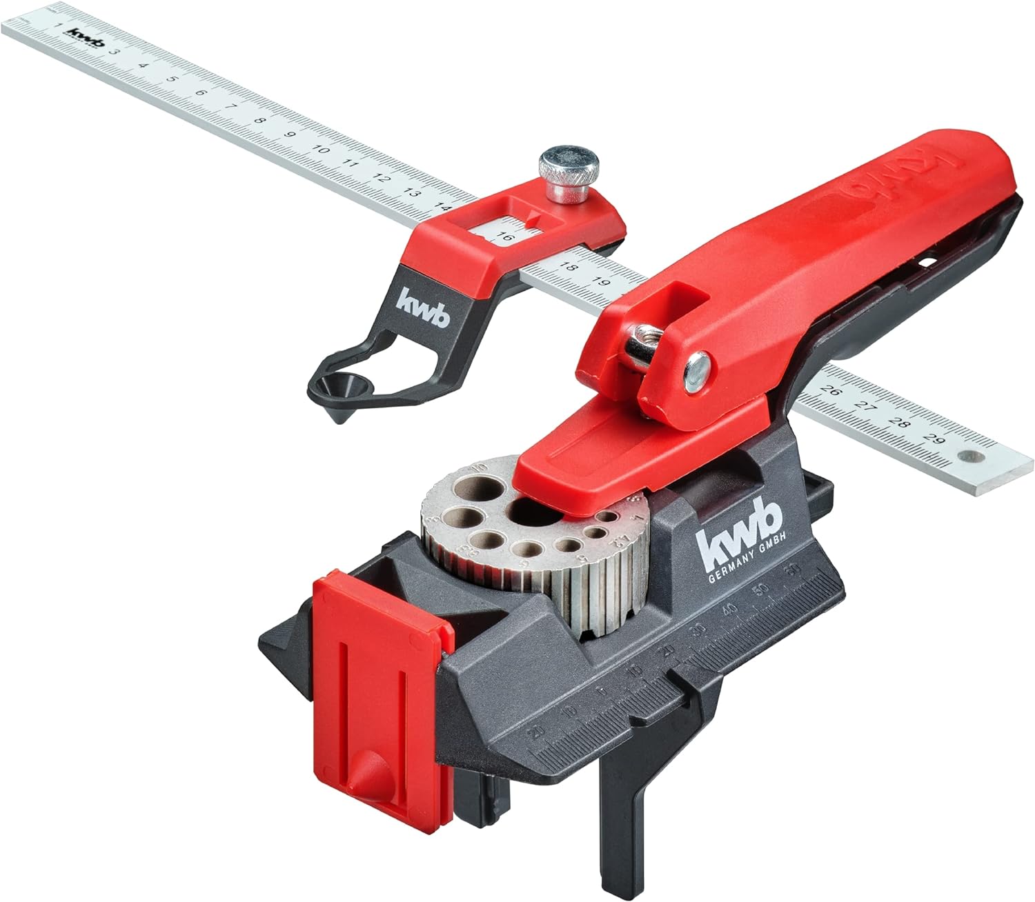 kwb D&uuml;belhilfe/D&uuml;bellehre mit 30 cm Lineal, 3-12 mm Bohrl&ouml;cher inkl. Kernlochma&szlig;en, Schablone zum gerade Bohren in Holz, Metall u. v. m., D&uuml;belbohrlehre zum Verd&uuml;beln 