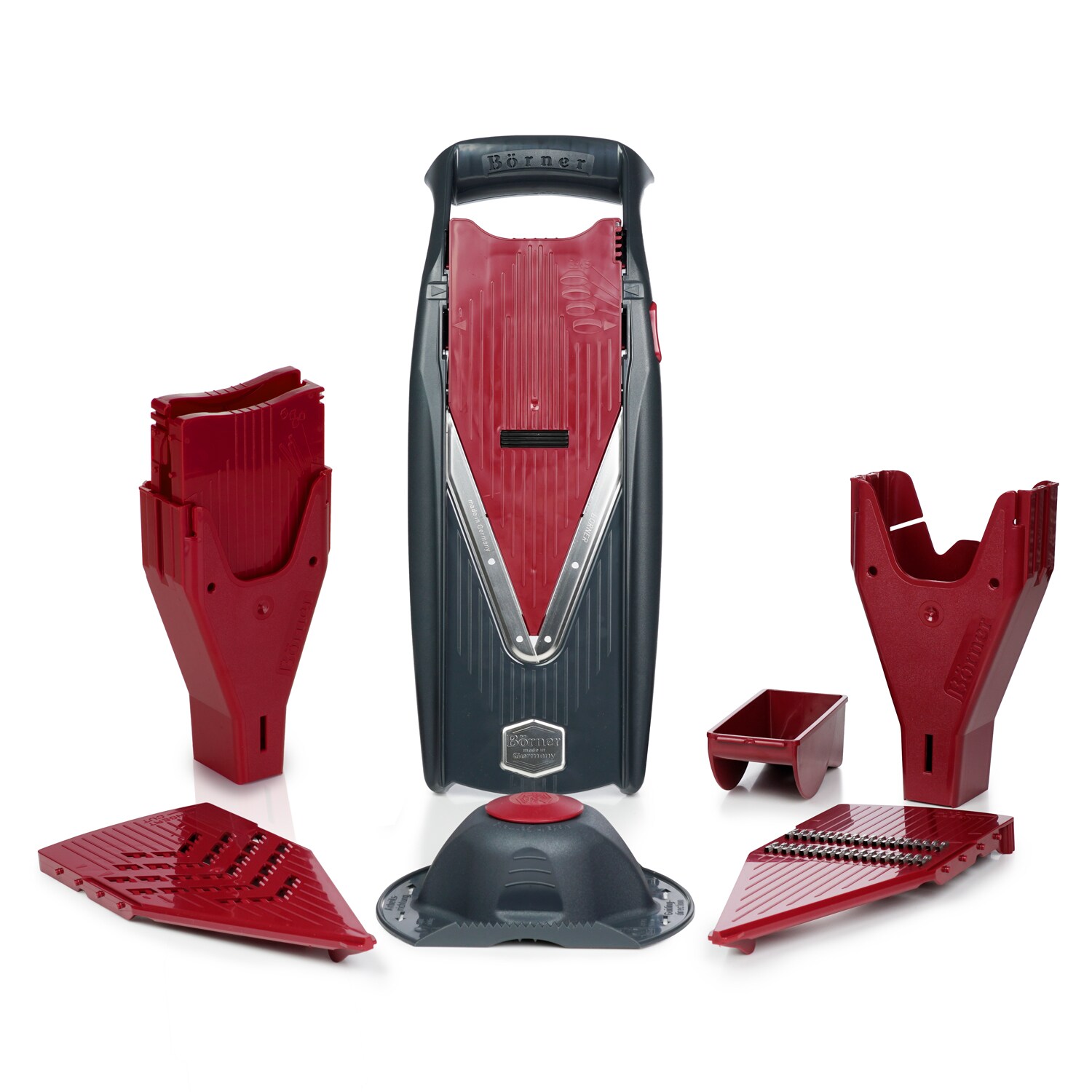 Borner Vital Slicer with Dressing Dispenser and Docking Station - Fruit and Vegetable Chopper,  Stainless Steel Blades, 5year Guarantee grey/red