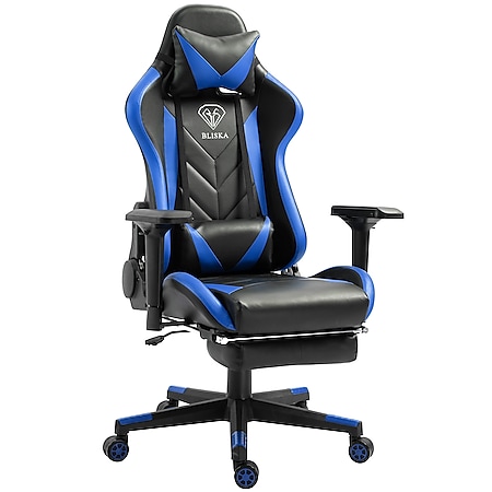 Gaming Stuhl mit Fußstütze und ergonomsichen 4D-Armlehnen gaming chair in ergonomischer Sportsitz Optik Gamer Stuhl mit verstellbaren Rückenstützkissen Bürostuhl 