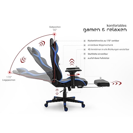 Gaming Stuhl mit Fußstütze und ergonomsichen 4D-Armlehnen gaming chair in  ergonomischer Sportsitz Optik Gamer Stuhl mit verstellbaren  Rückenstützkissen Bürostuhl bei Marktkauf online bestellen