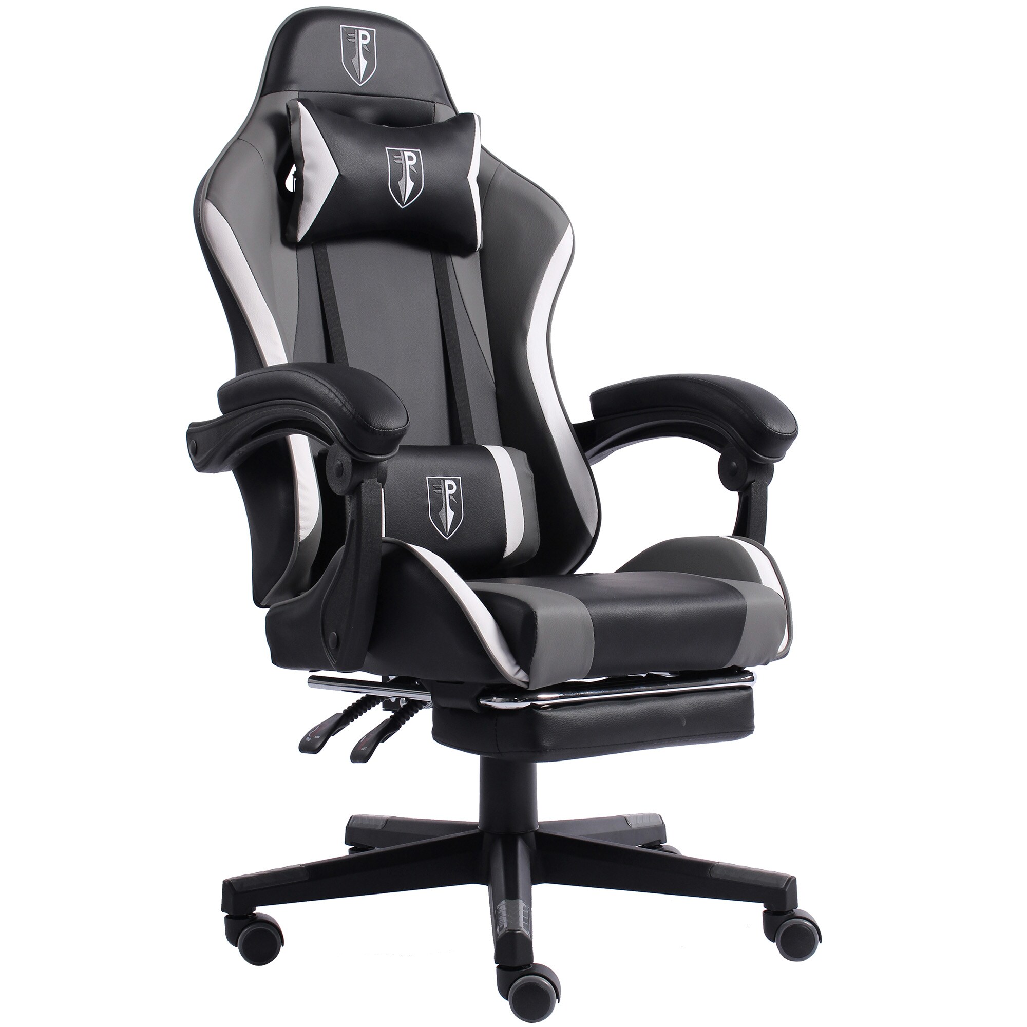 Gaming Chair im Racing-Design mit flexiblen gepolsterten Armlehnen - ergonomischer PC Gaming Stuhl in Lederoptik - Gaming Schreibtischstuhl mit ausziehbarer Fu&szlig;st&uuml;tze und extra St&uuml;tzkissen 