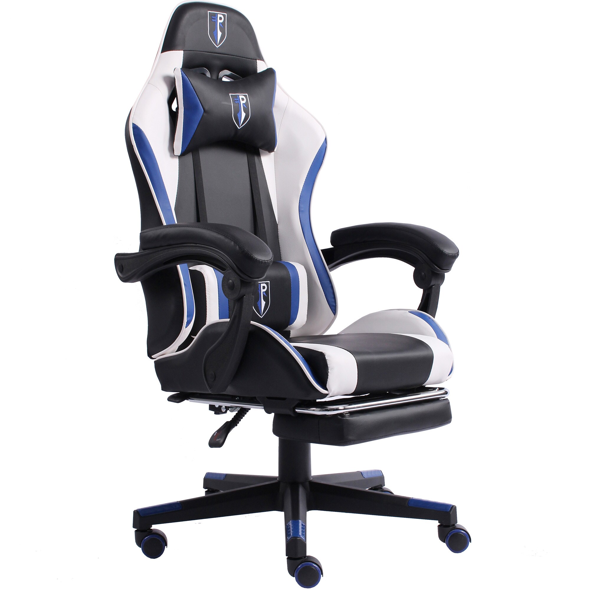 Gaming Chair im Racing-Design mit flexiblen gepolsterten Armlehnen - ergonomischer PC Gaming Stuhl in Lederoptik - Gaming Schreibtischstuhl mit ausziehbarer Fu&szlig;st&uuml;tze und extra St&uuml;tzkissen 