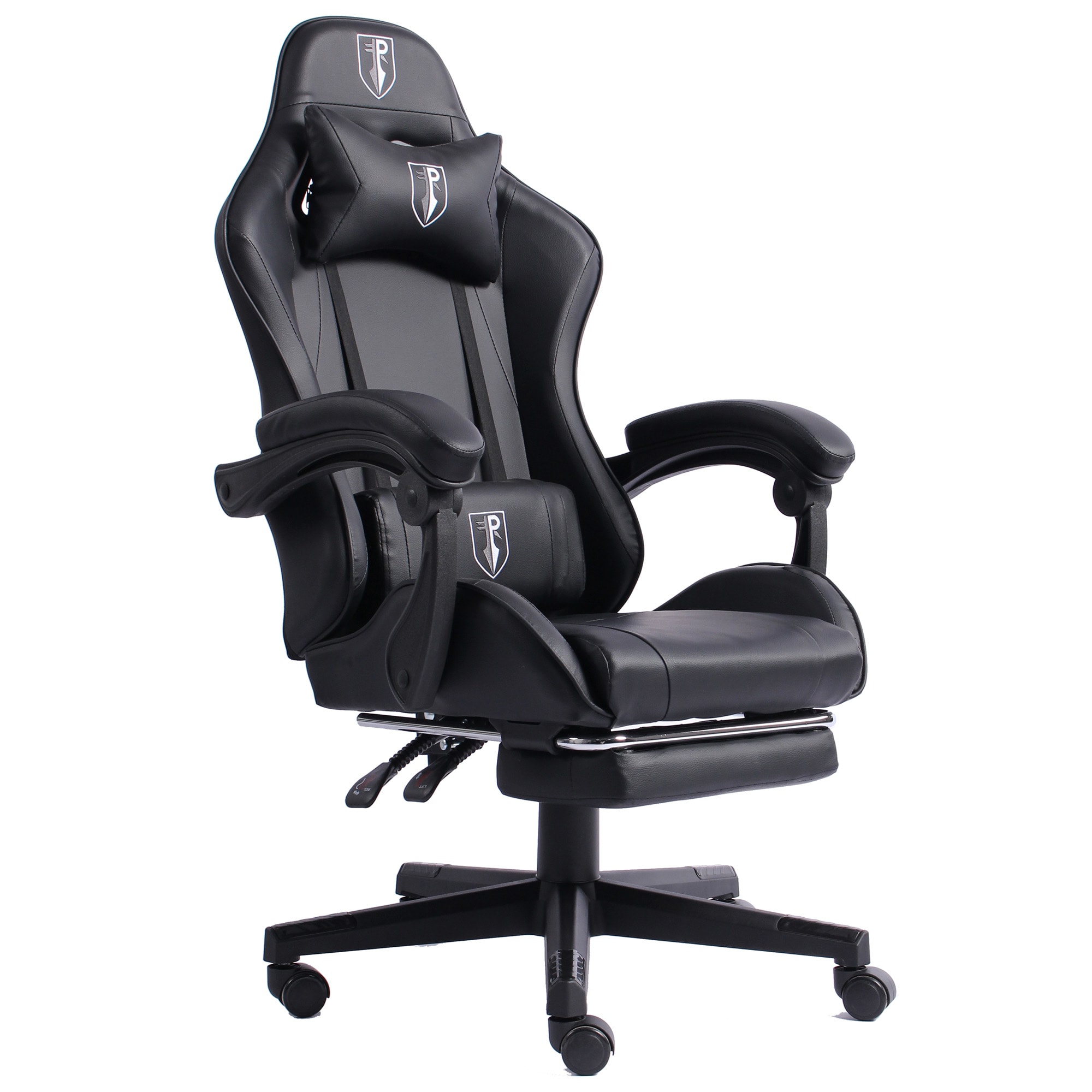 Gaming Chair im Racing-Design mit flexiblen gepolsterten Armlehnen - ergonomischer PC Gaming Stuhl in Lederoptik - Gaming Schreibtischstuhl mit ausziehbarer Fu&szlig;st&uuml;tze und extra St&uuml;tzkissen 