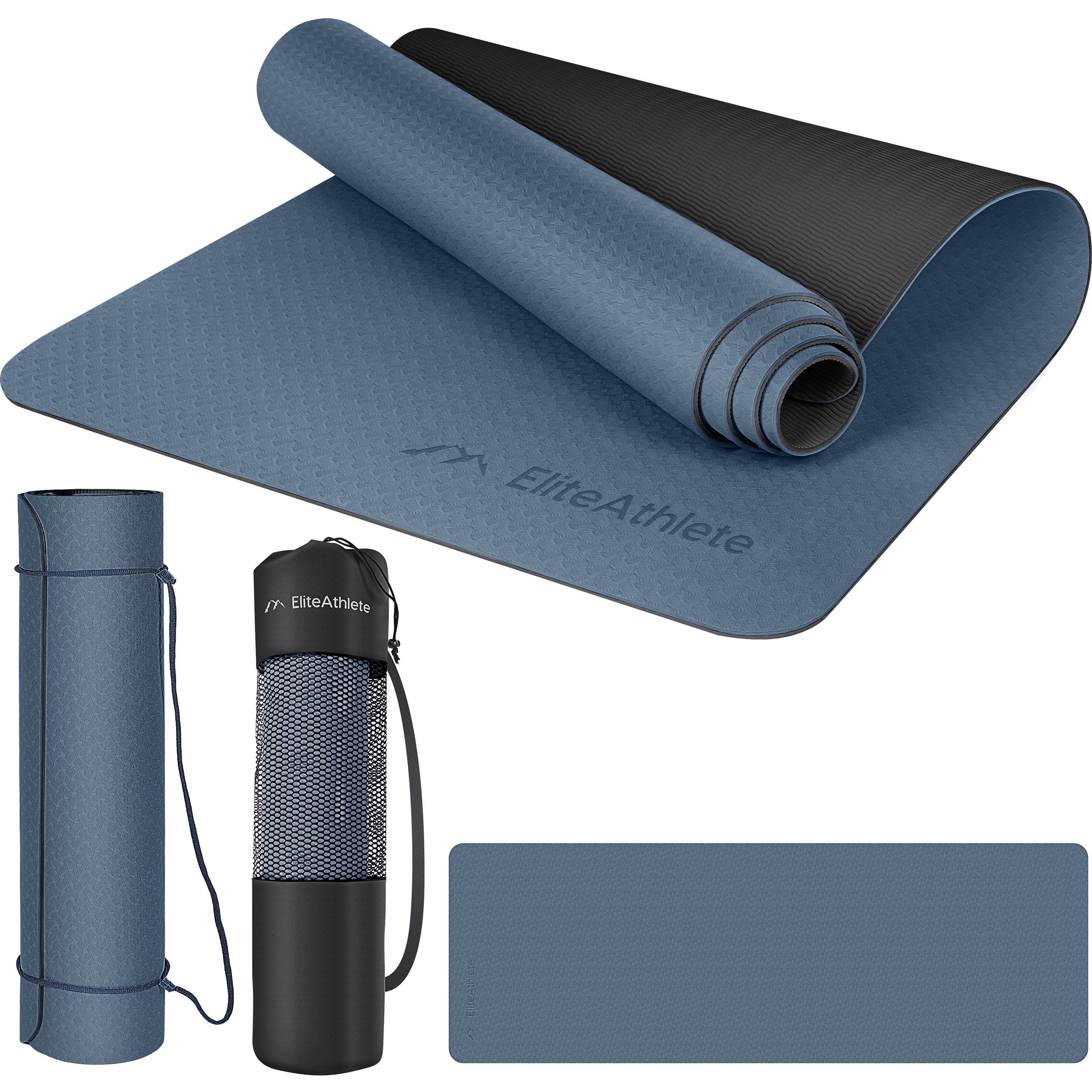 EliteAthlete&reg; Yogamatte - Sportmatte - Fitnessmatte - Gymnastikmatte gepolstert & rutschfest f&uuml;r Fitness, Pilates - Yoga Matte - 183 cm x 61 cm x 0.6 cm - Trainingsmatte inkl. Transportgurt + Tasche - Dunkelblau 