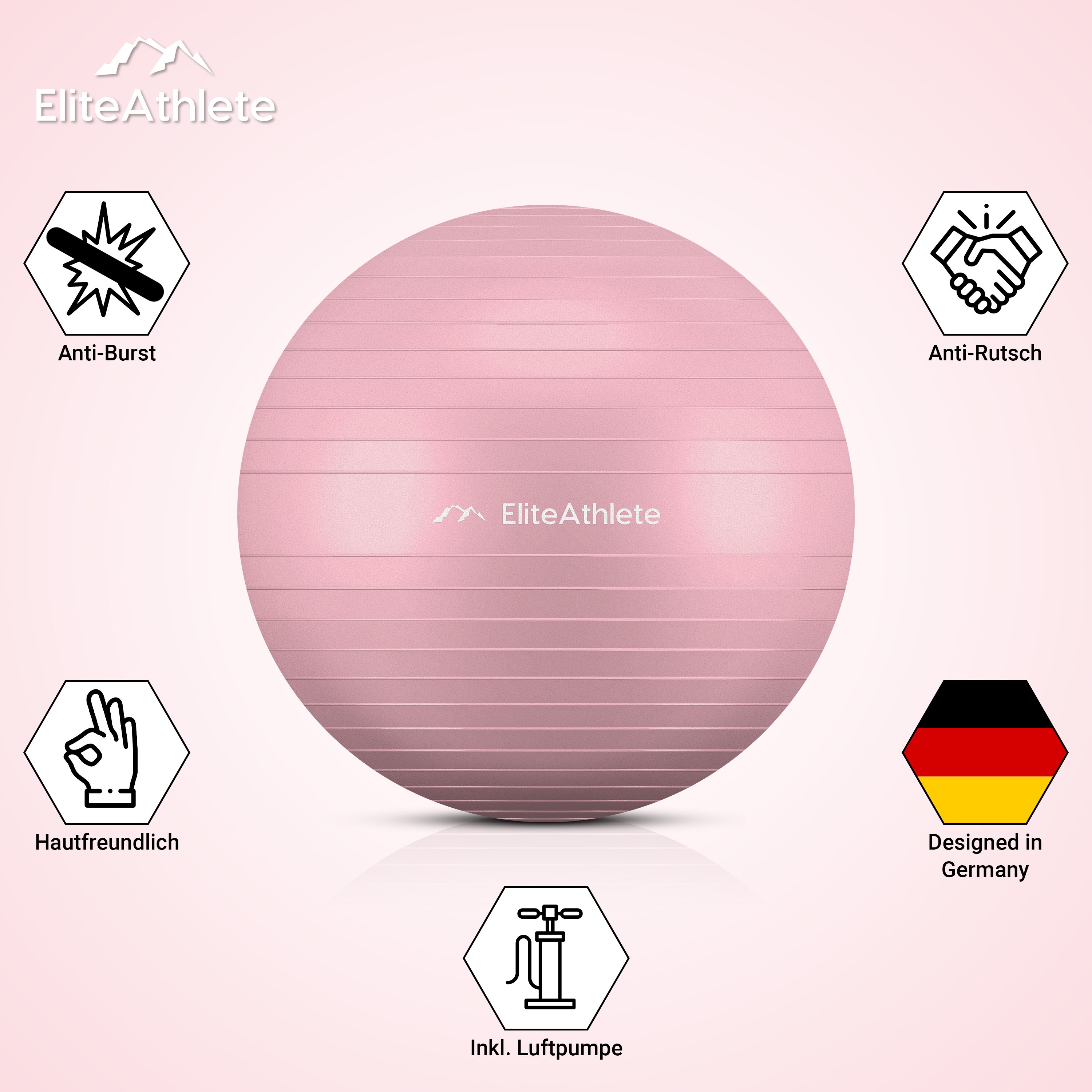 EliteAthlete Gymnastiekbal, zitbal, kantoor, ergonomisch met scheurvast systeem - fitness, pilates, zwangerschap - zwangerschapsbal, fitnessbal, yogabal - yogabal 55 cm, inclusief luchtpomp