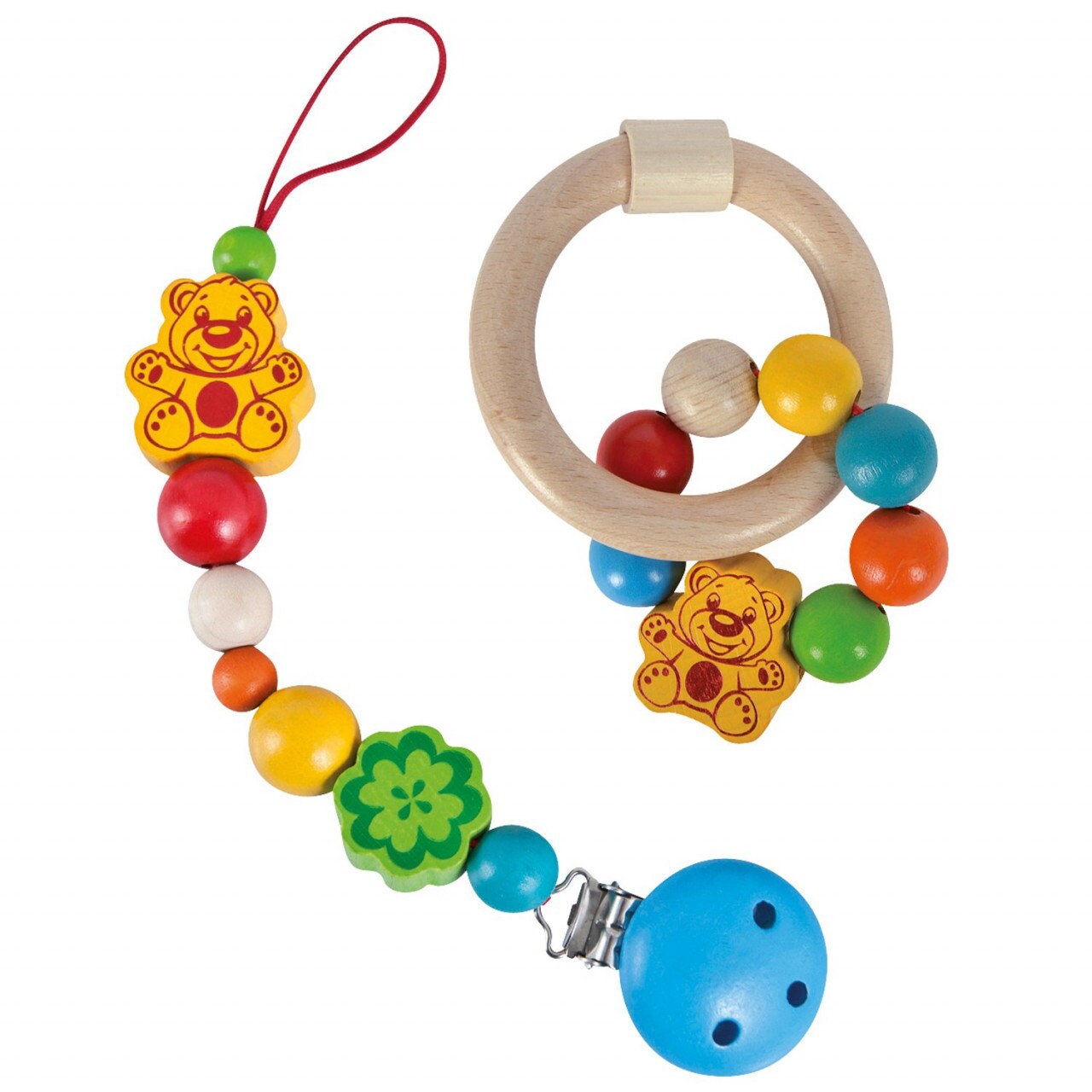 Eichhorn Baby Schnullerkette mit Clip und Bei&szlig;ring Set Holz Ring Made in Germany 