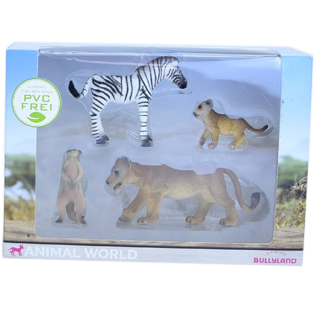 Bullyland Animal World Zebra Erdm&auml;nnchen L&ouml;win kleiner L&ouml;we PVC-frei Tierfiguren Kinder Sammelfiguren 
