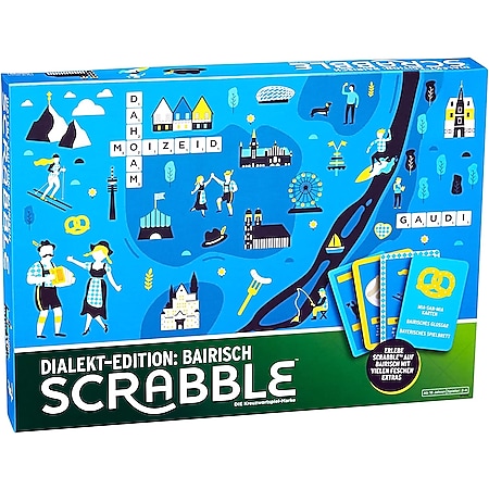 Mattel - Scrabble - Dialekt-Edition: Bairisch Bayrisch Brettspiel Wörterspiel Dialekte 