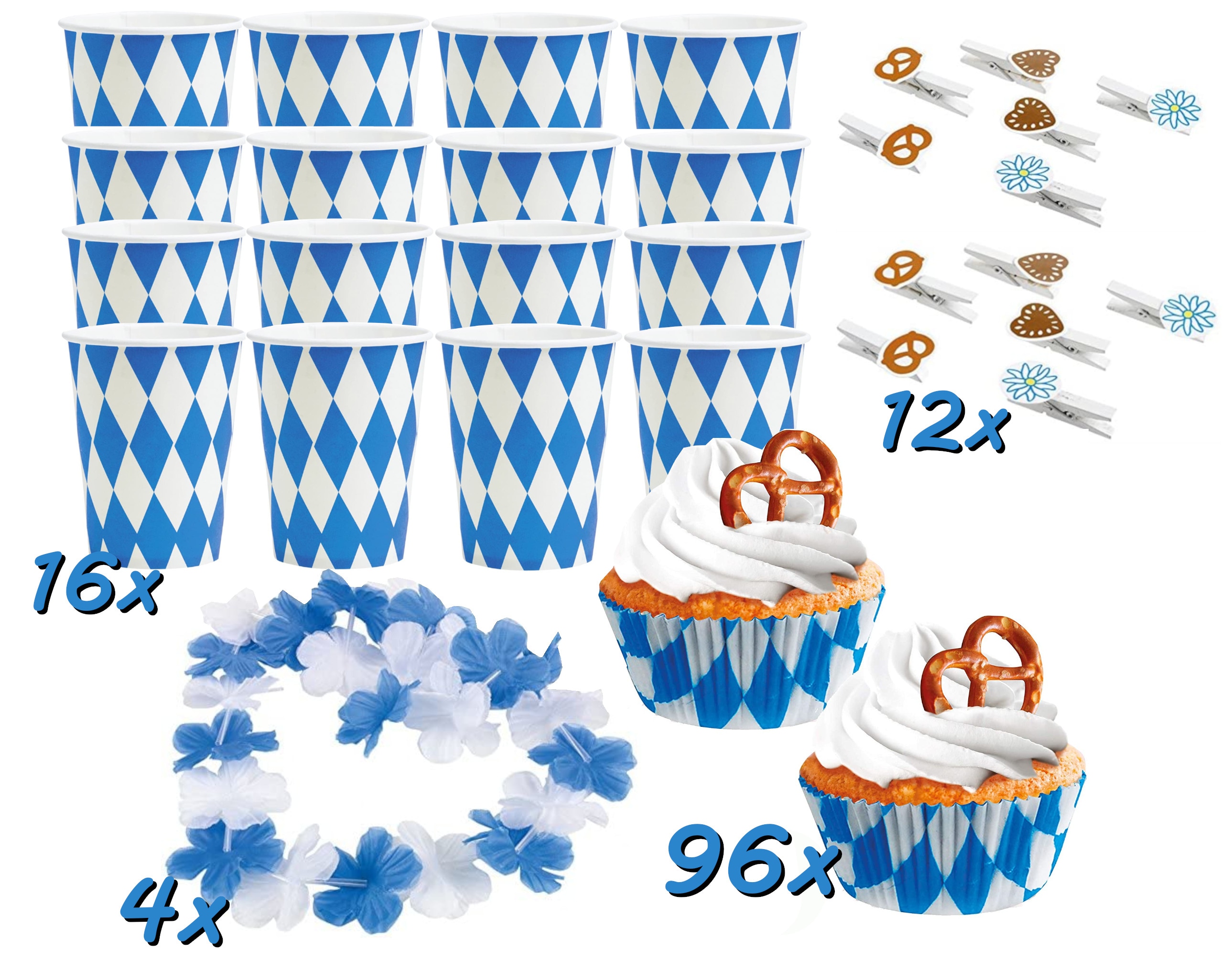 Gro&szlig;es Oktoberfest-Set (128-teilig) Pappbecher Muffinf&ouml;rmchen Deko-Klammern Dekoration 