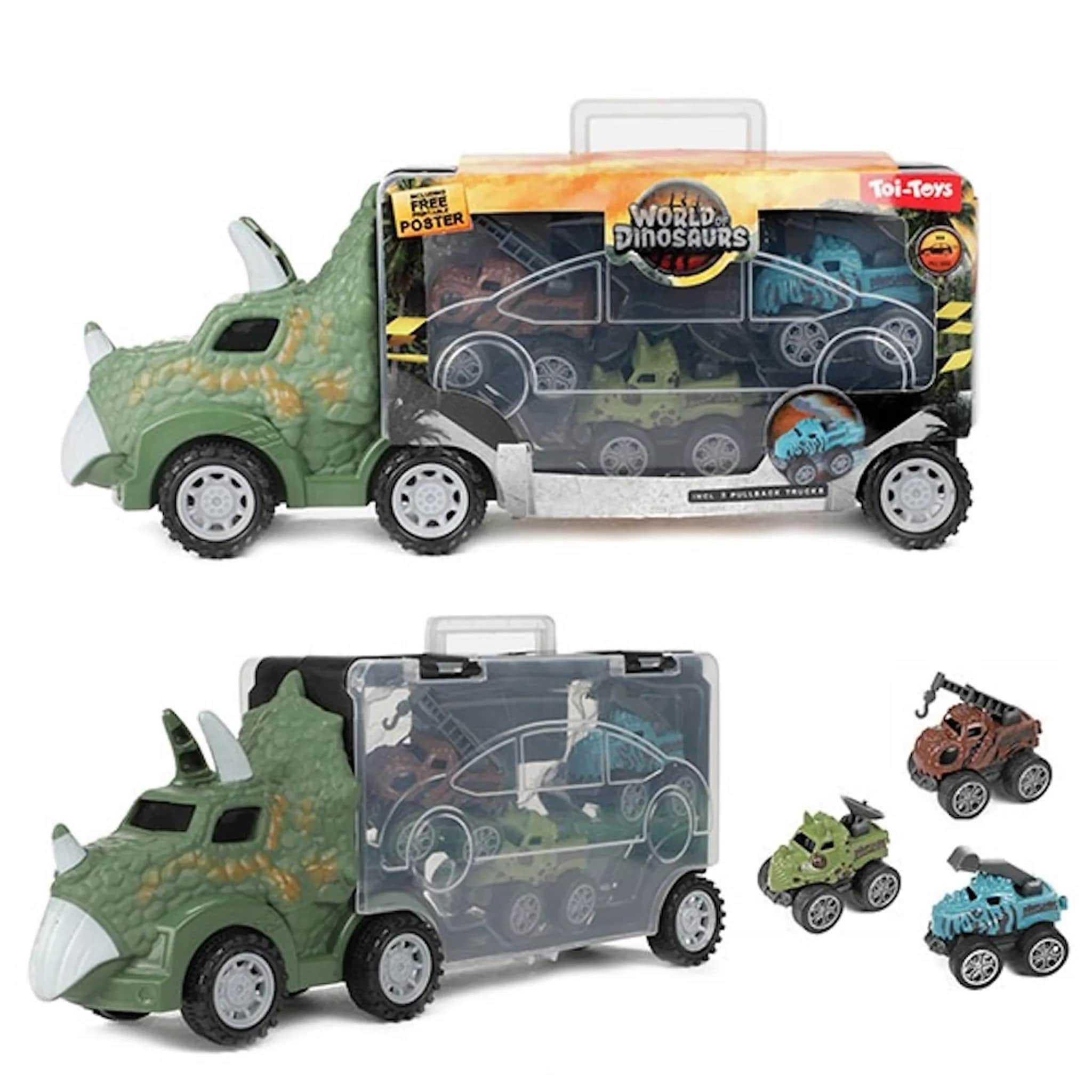 Toi-Toys - WORLD OF DINOSAURS - Dinotruck mit 3 R&uuml;ckzugautos Dinosaurier Pullback Trucks 