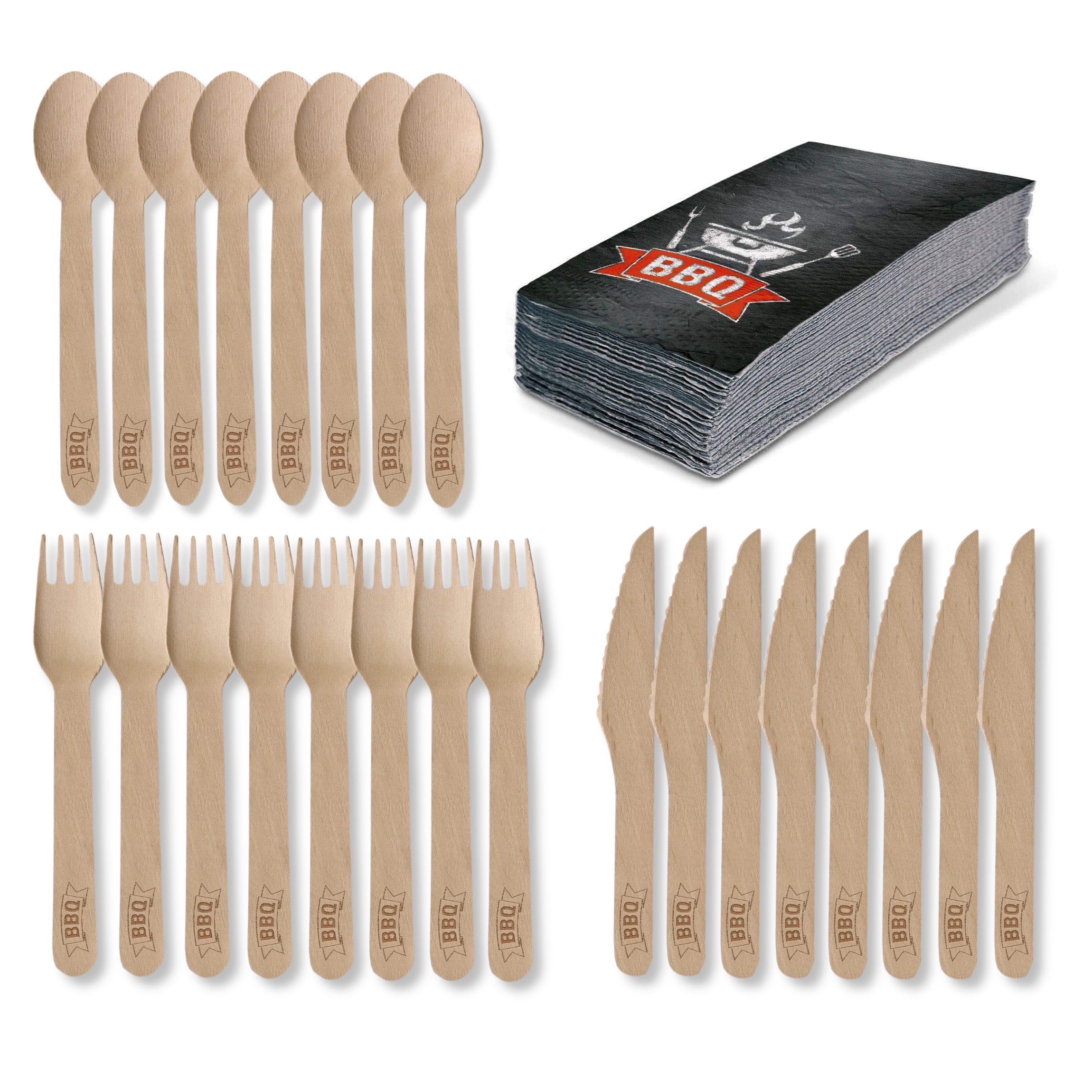 Amscan - BBQ Party Set - Holz-Besteck (24 Teile) + Servietten (20 St&uuml;ck) Besteck Party grillen 