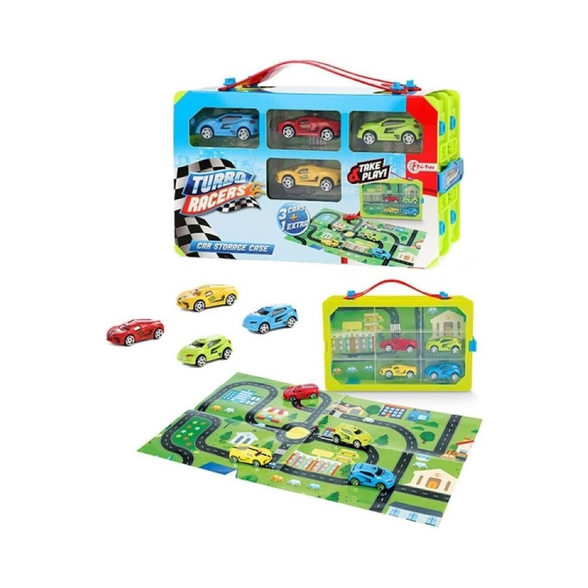Toi-Toys - Turbo Racers Sammelkoffer mit 4 Rallye Autos Fahrzeuge Rennautos Kinderspielzeug Jungen 