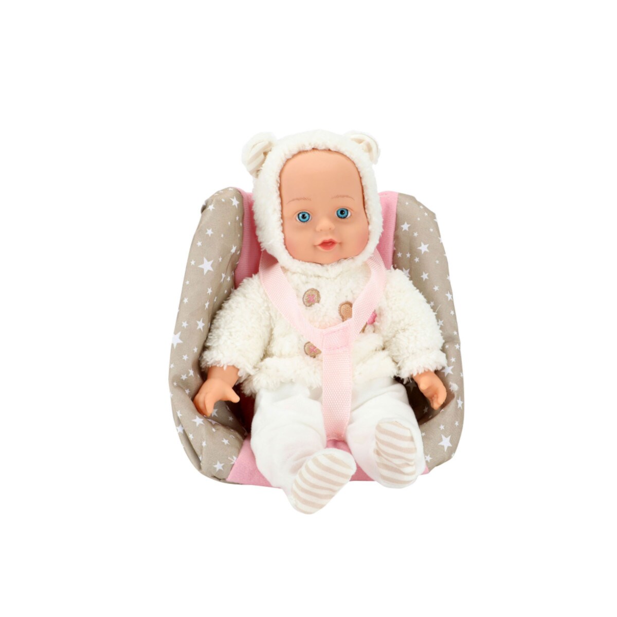 BEAU Babypuppe 33 cm – Babypuppe im Kindersitz für Kinder ab 2 Jahren – Rollenspiel