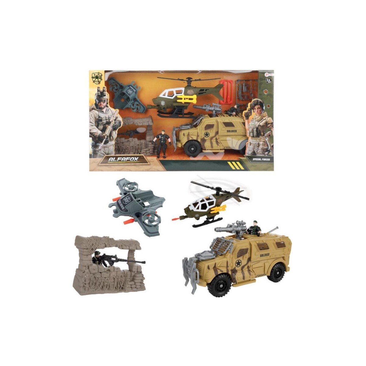 ALFAFOX XXL Spielset mit Jeep, Hubschrauber, Figuren & Zubehör, ab 6 Jahren, Militär