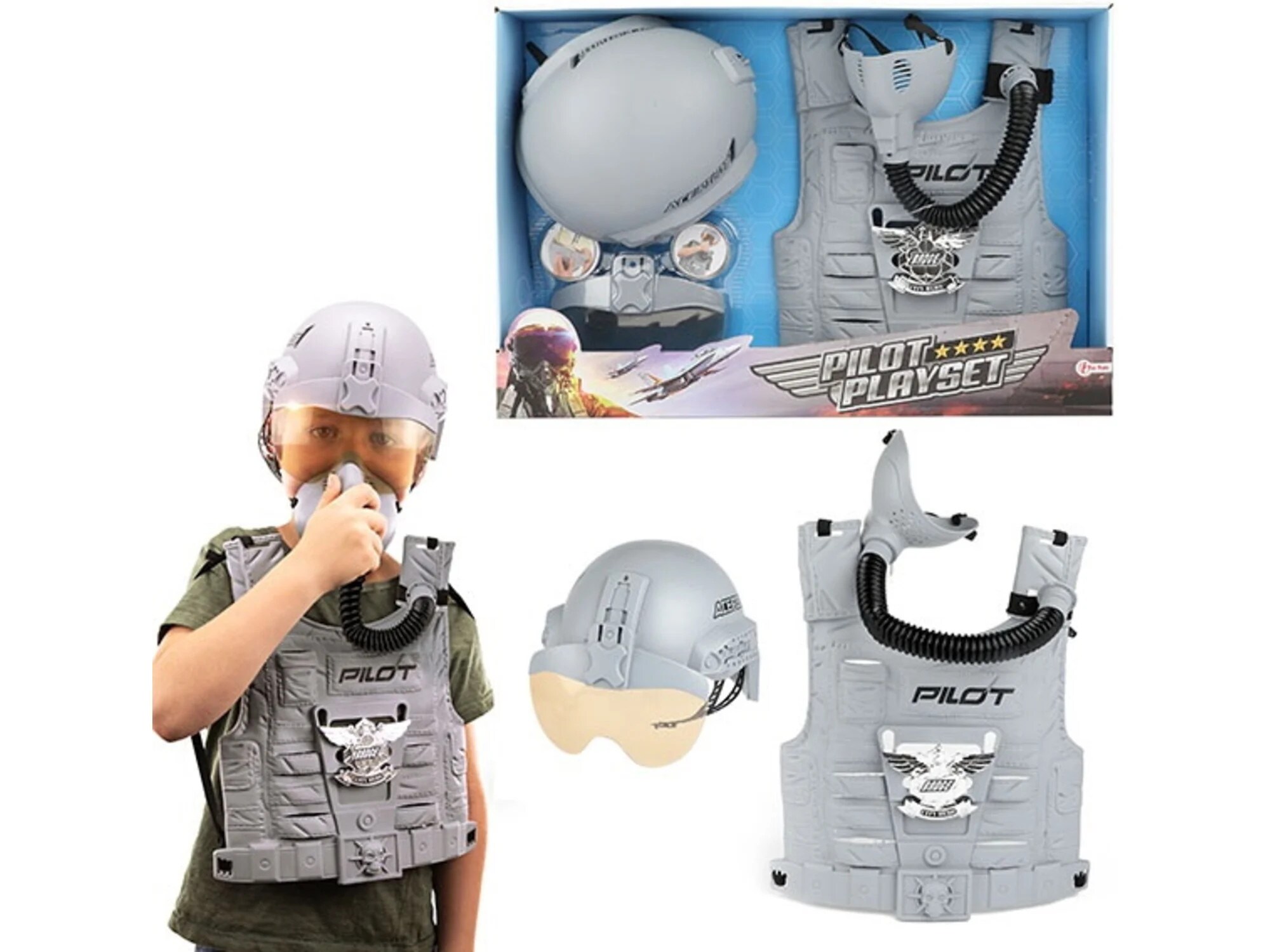 Toi-Toys - Verkleidungsset Kampfpilot, mit Helm und Weste Pilot Flugzeug Kost&uuml;m Kinder 